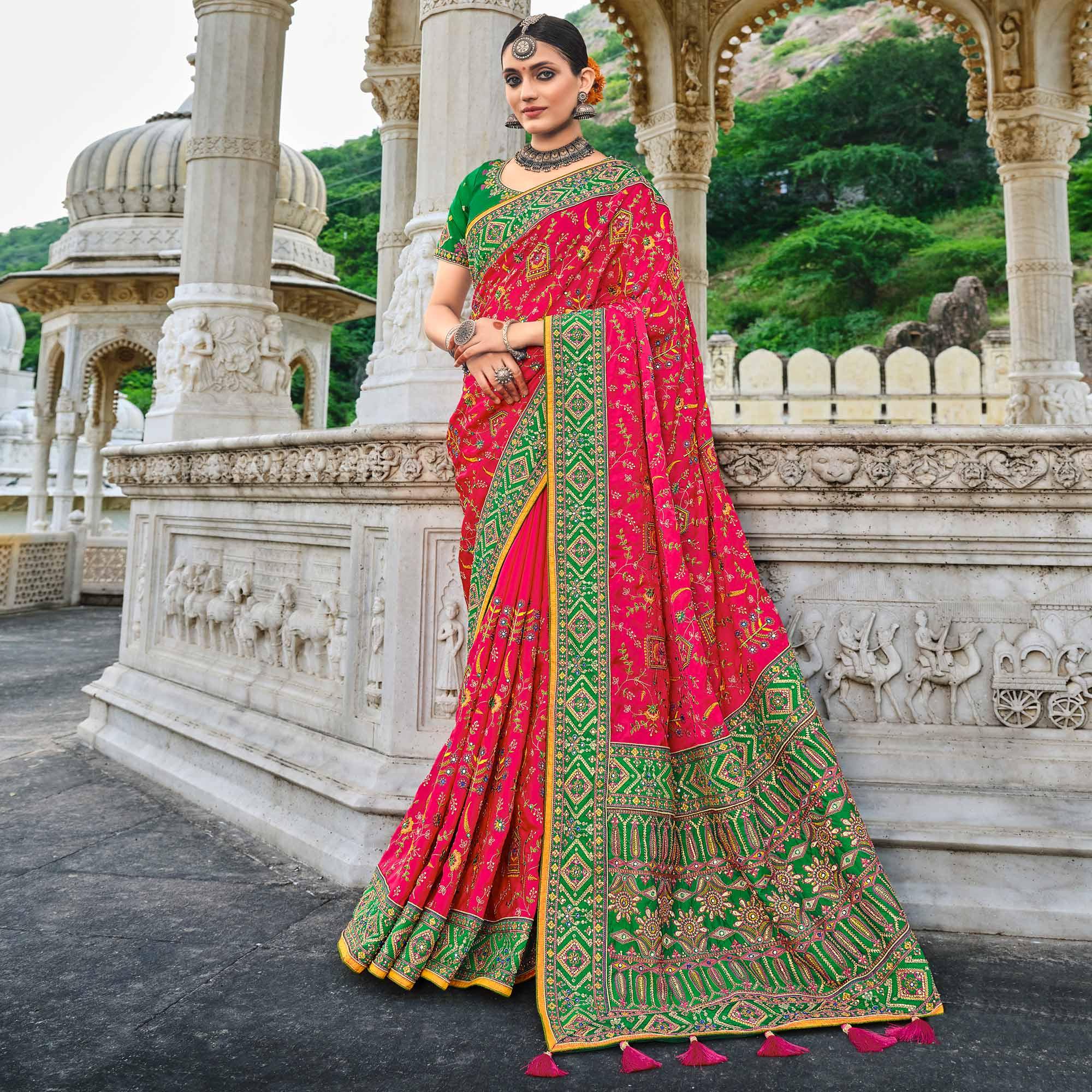 Pink Festive Wear Pure Kachhi Embellished Pure Satin Saree - Peachmode