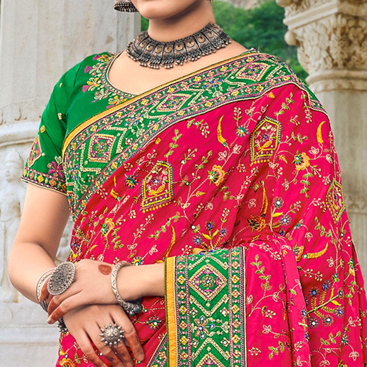 Pink Festive Wear Pure Kachhi Embellished Pure Satin Saree - Peachmode