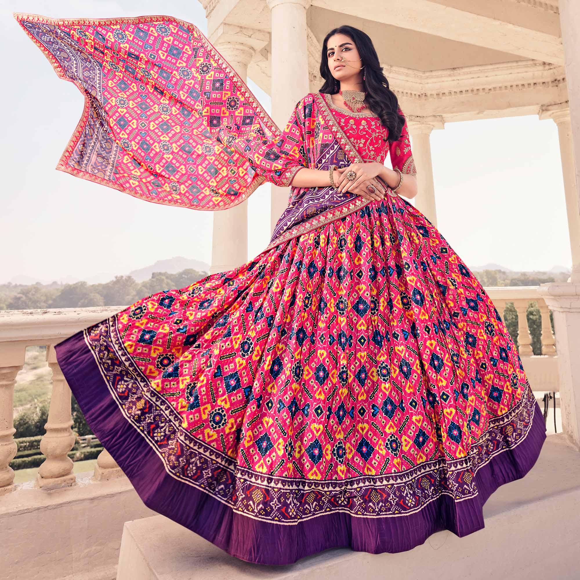 Pink Festive Wear Satin Digital Geometrical Printed Lehenga Choli - Peachmode