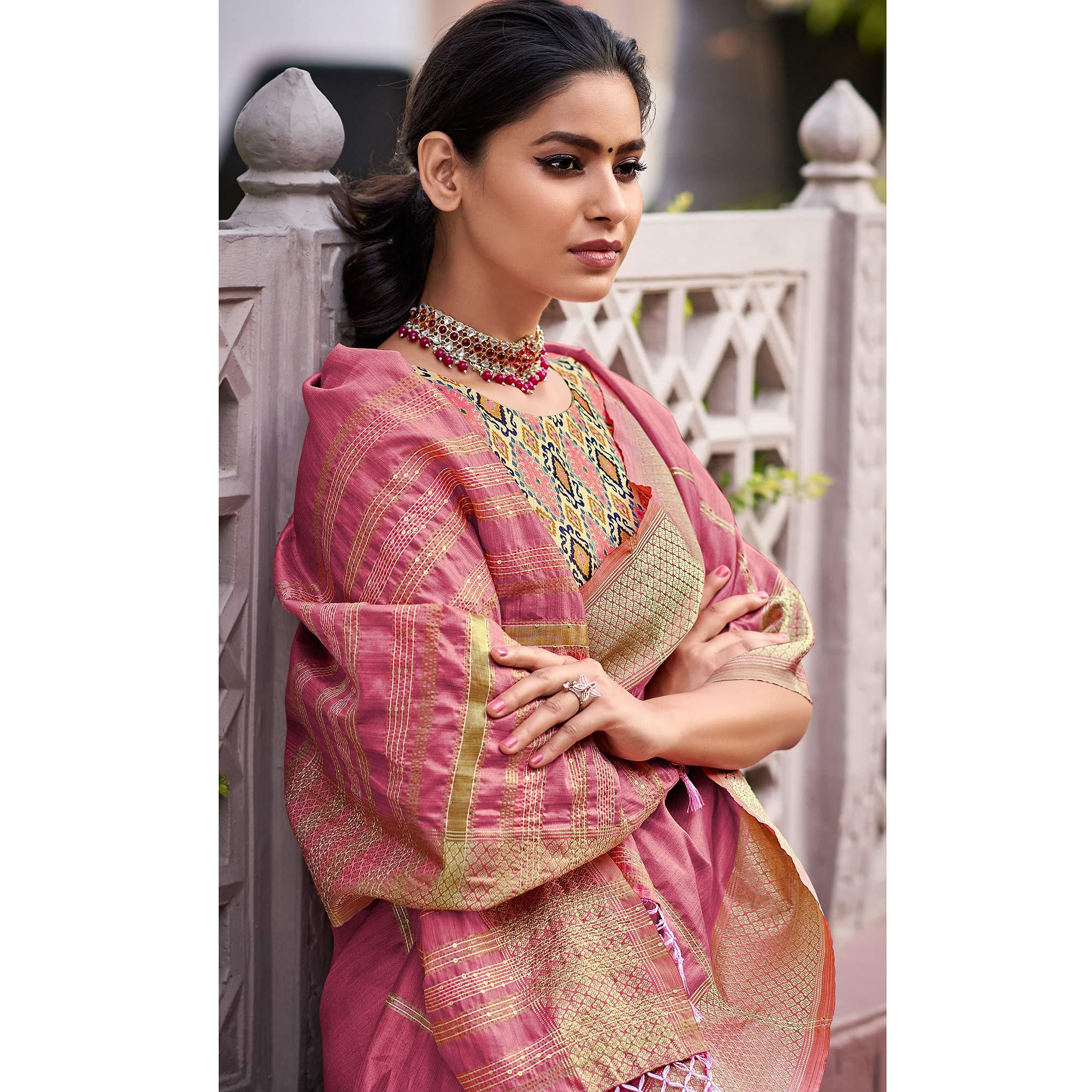 Pink Festive Wear Sequence Digital Work Silk Saree - Peachmode