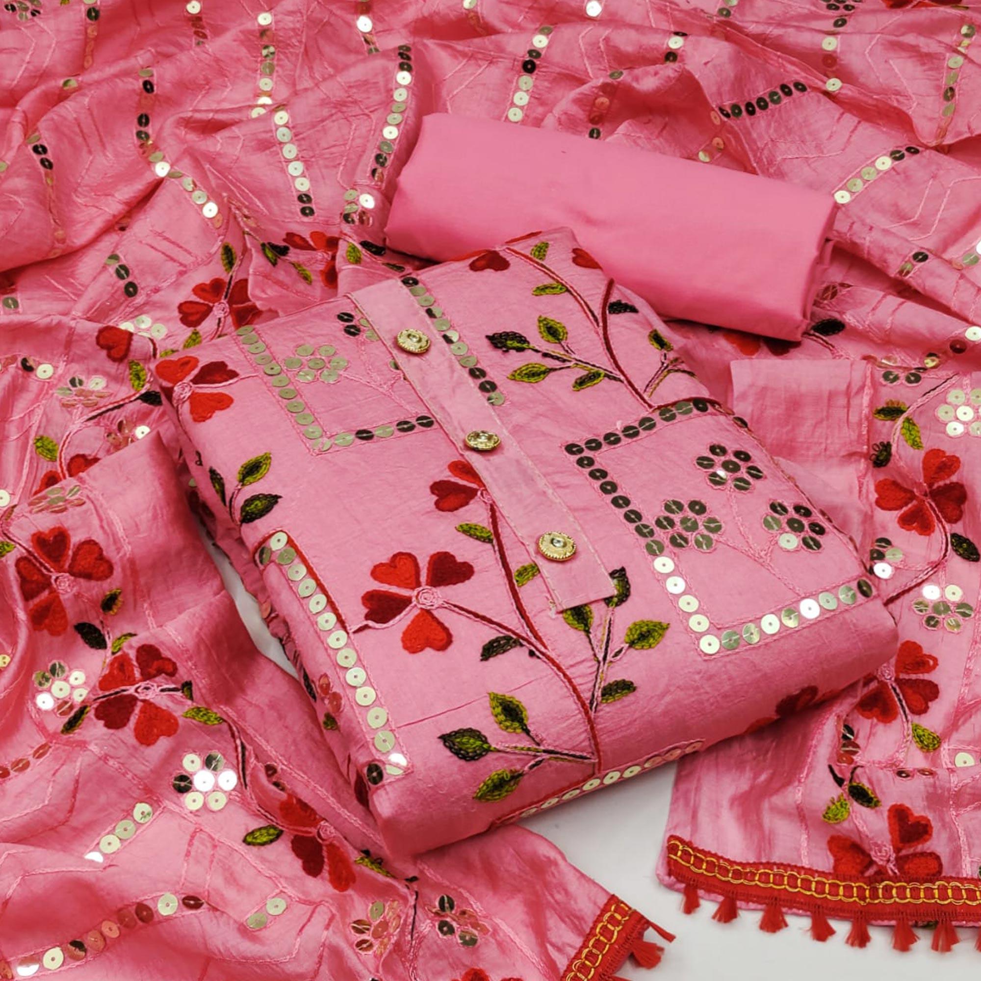 Pink Festive Wear Sequence Embroidered Chanderi Dress Material - Peachmode