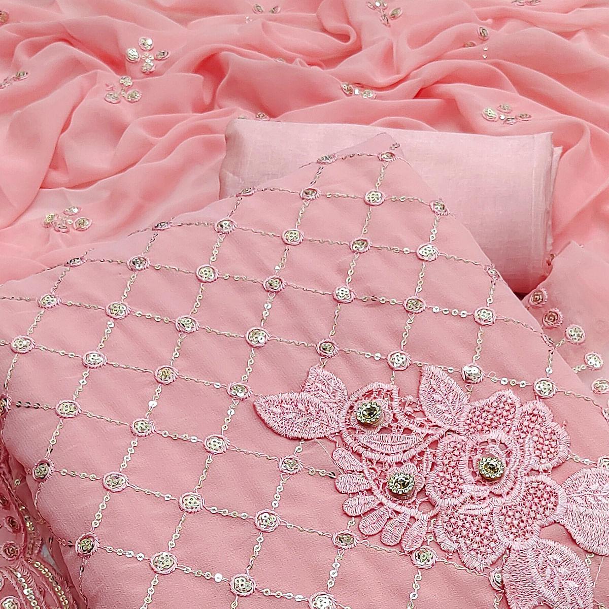 Pink Festive Wear Sequence Embroidered Georgette Dress Material - Peachmode