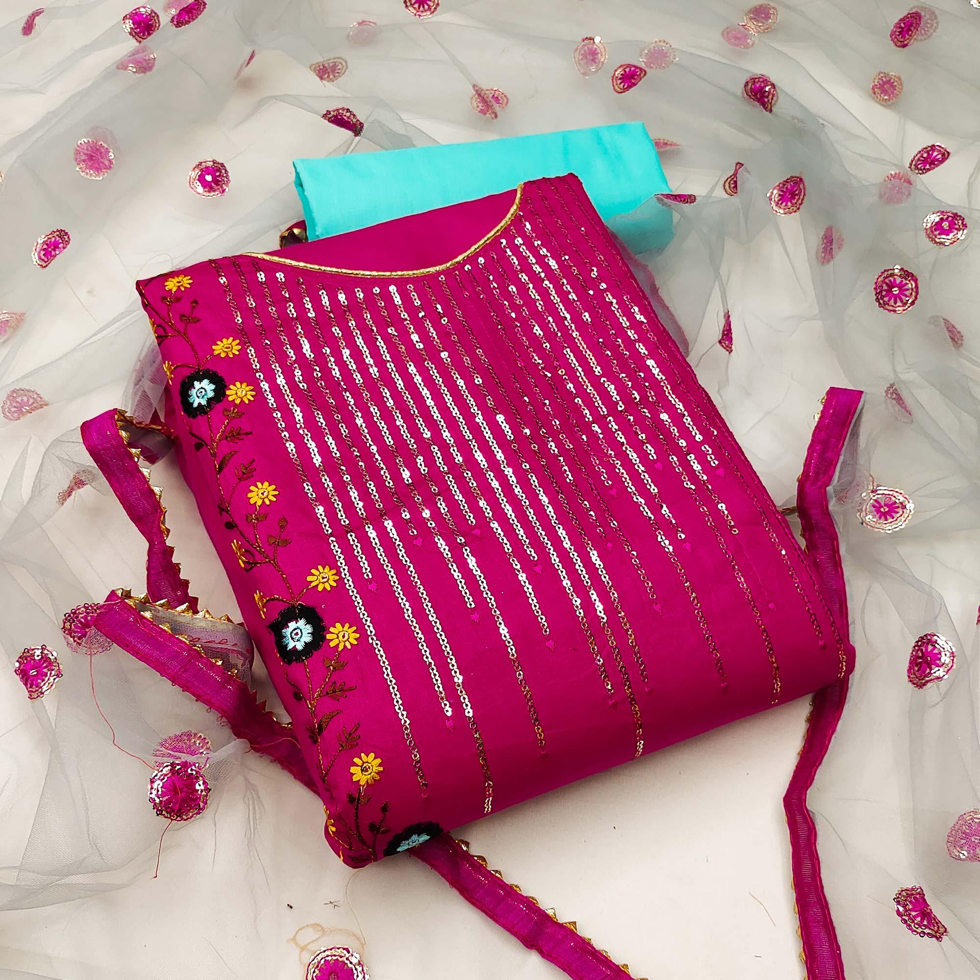 Pink Festive Wear Sequence With Floral Embroidered Cotton Dress Material - Peachmode