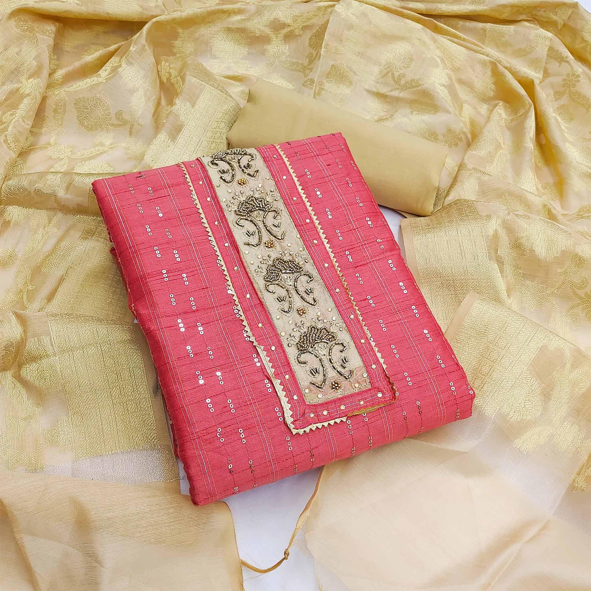 Pink Festive Wear Sequence Work Chanderi Dress Material - Peachmode