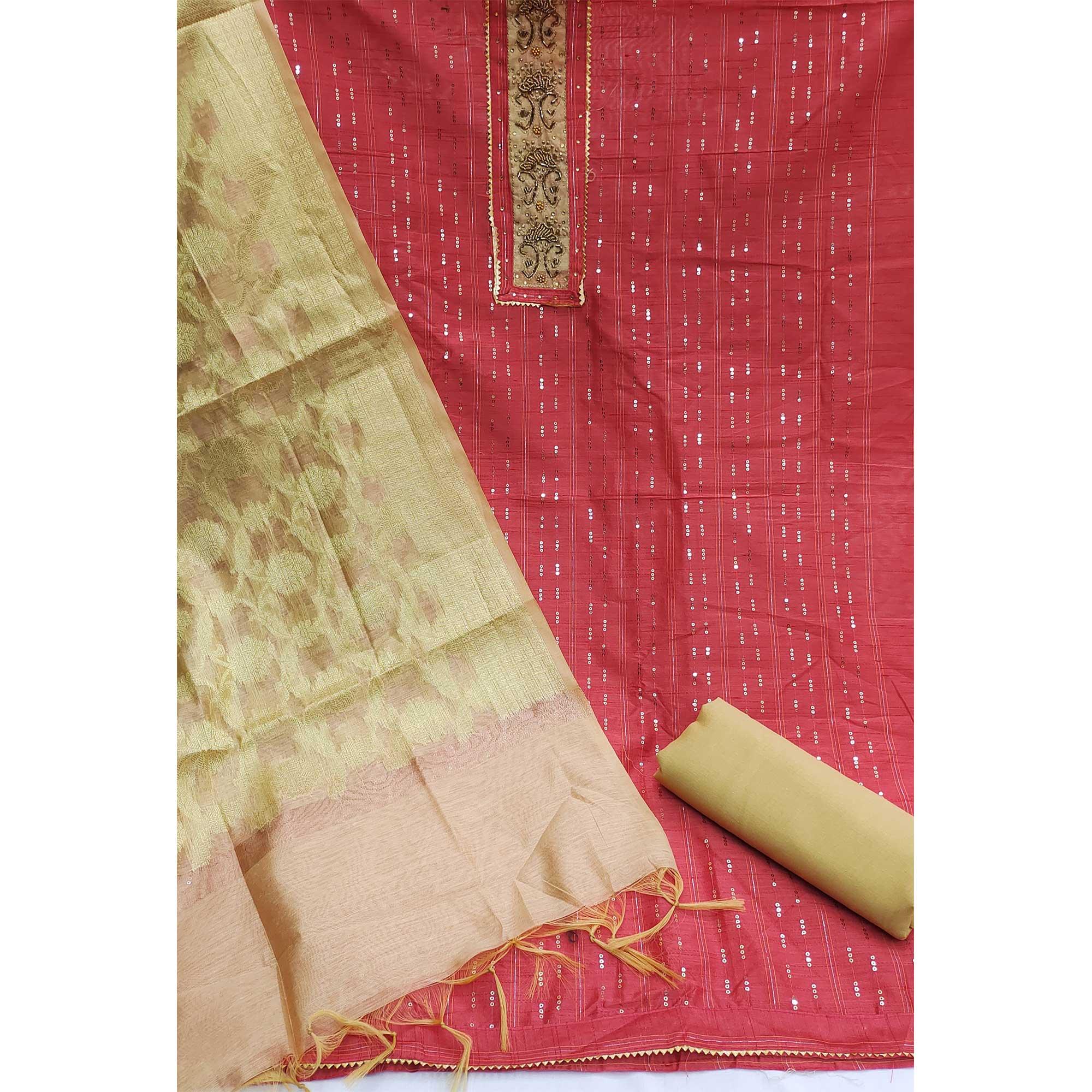 Pink Festive Wear Sequence Work Chanderi Dress Material - Peachmode