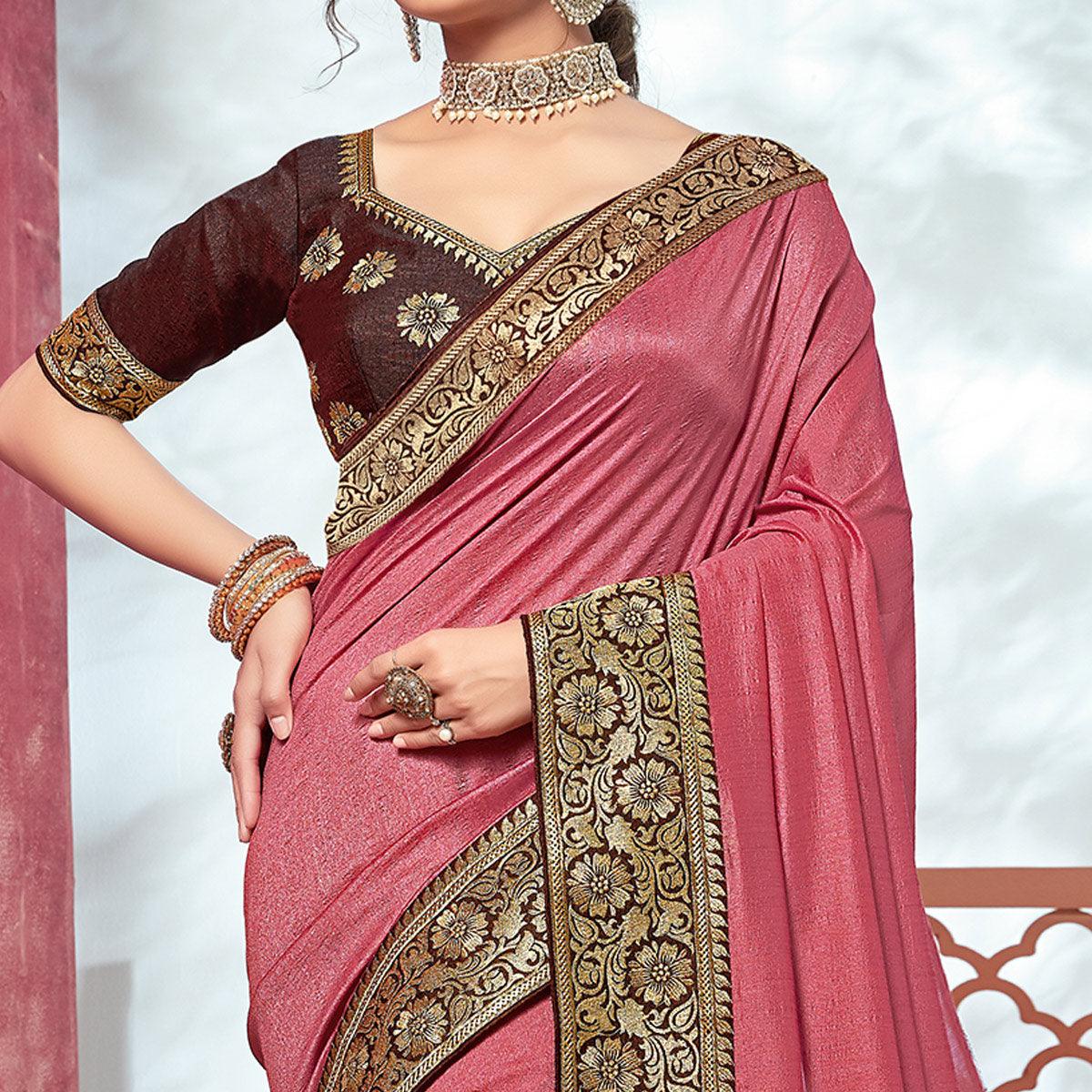 Pink Festive Wear Silk Saree With Embroidered Border - Peachmode