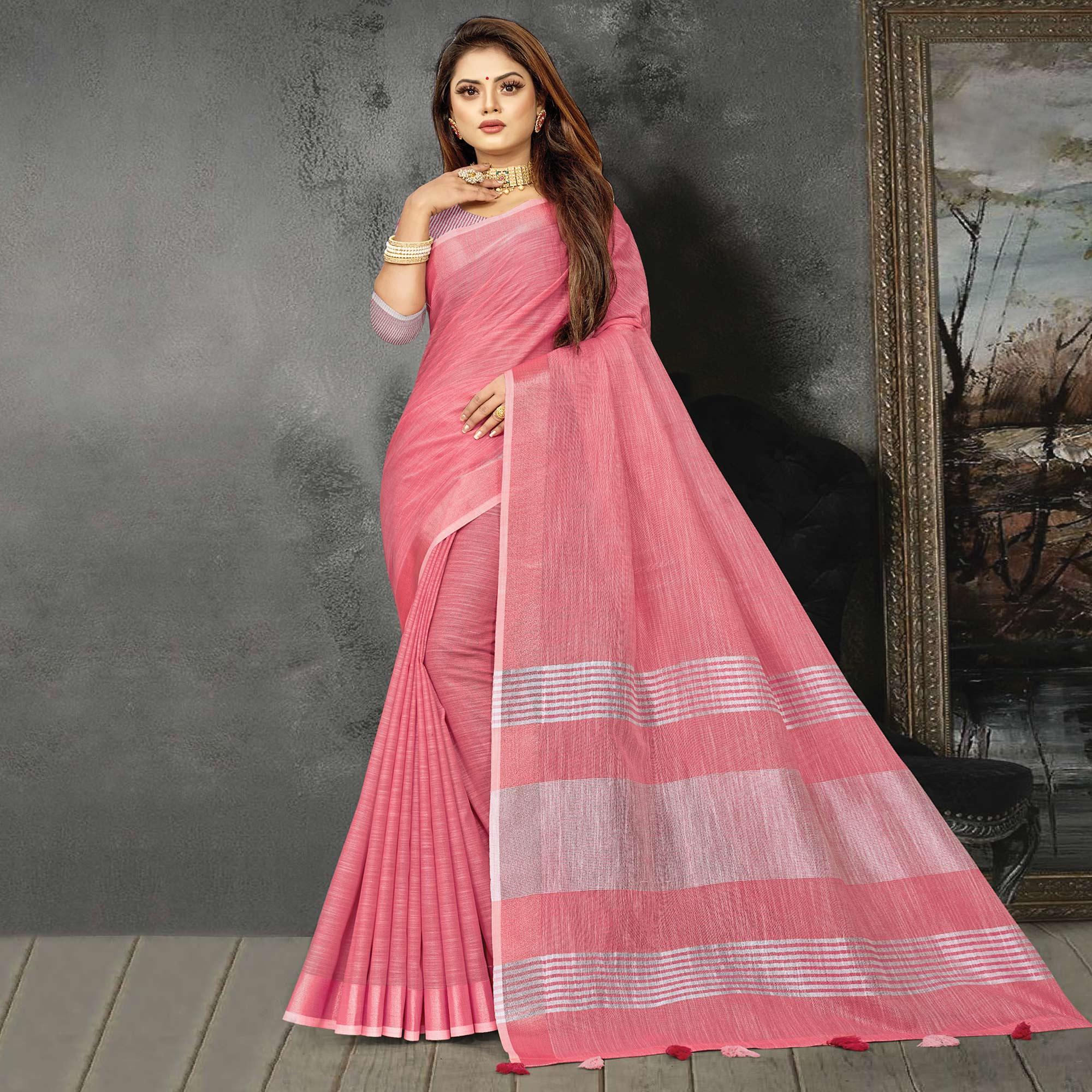 Pink Festive Wear Solid Linen Saree - Peachmode