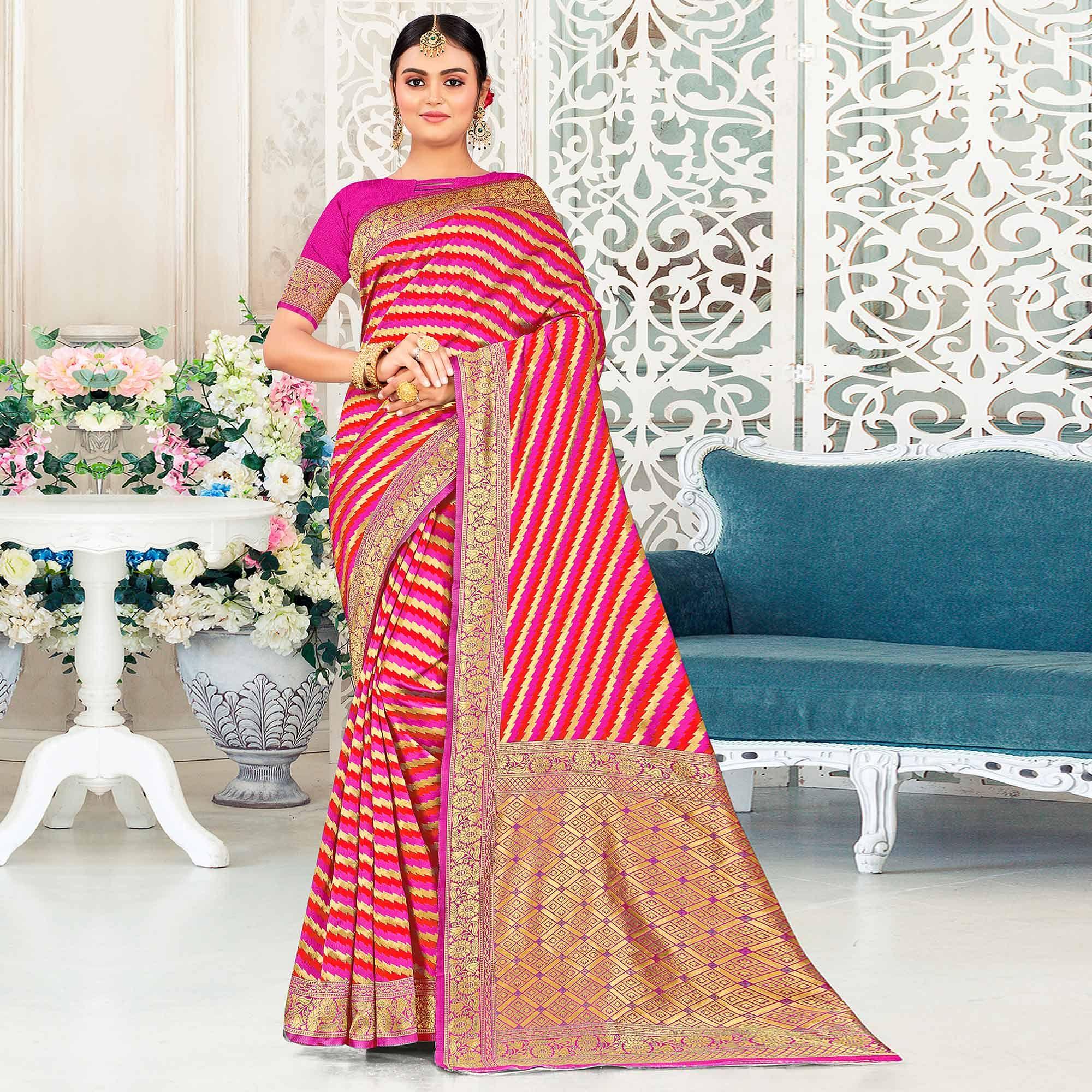 Pink Festive Wear Stripe Printed Art Silk Saree - Peachmode