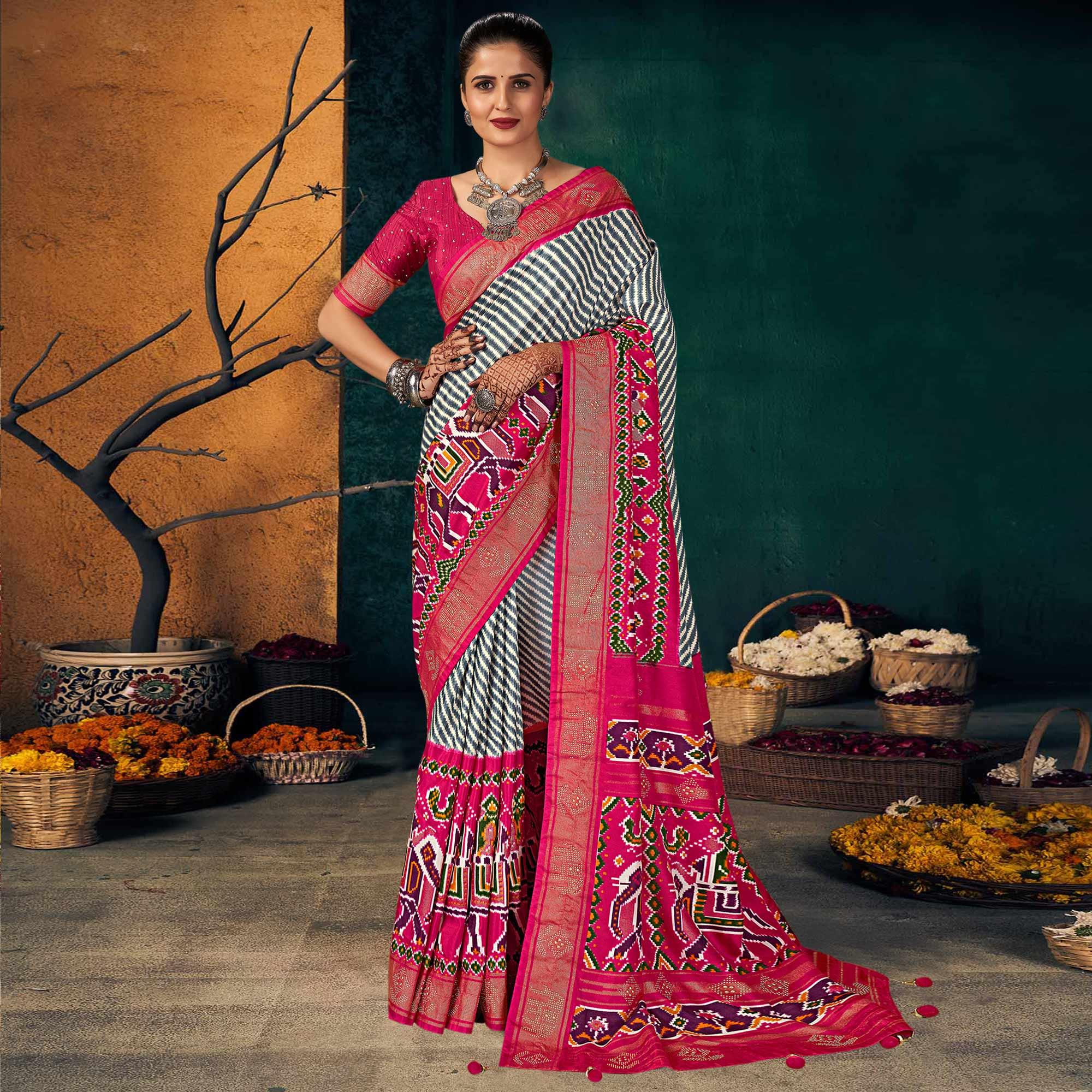 Pink Festive Wear Striped Printed With Foil Border Dola Silk Saree - Peachmode
