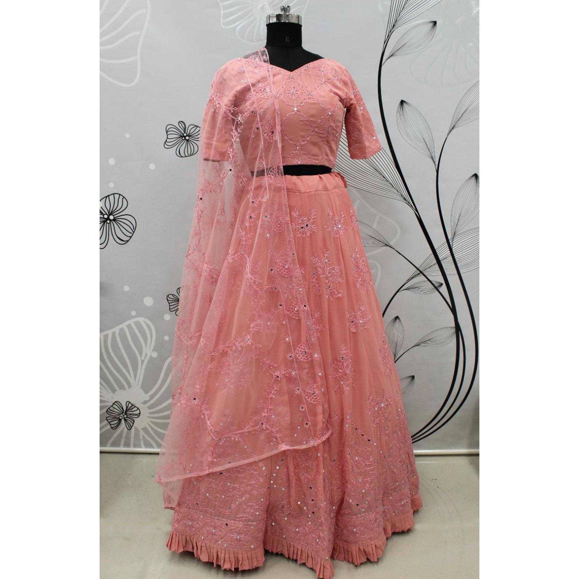 Pink Festive Wear Thread Embroidered With Mirror Pasting Georgette Lehenga Choli - Peachmode