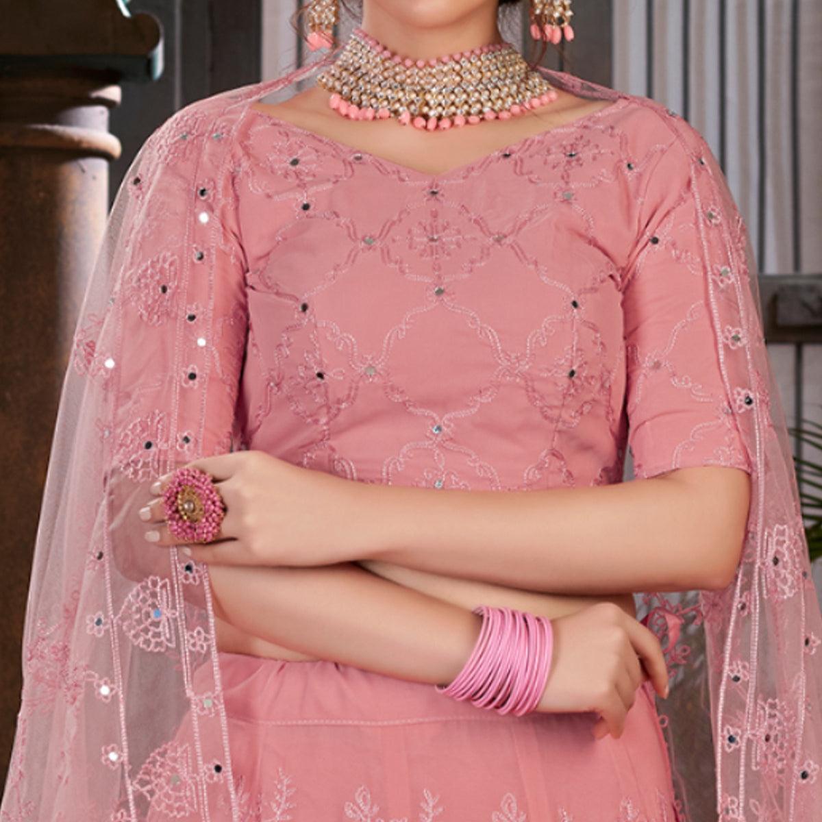 Pink Festive Wear Thread Embroidered With Mirror Pasting Georgette Lehenga Choli - Peachmode