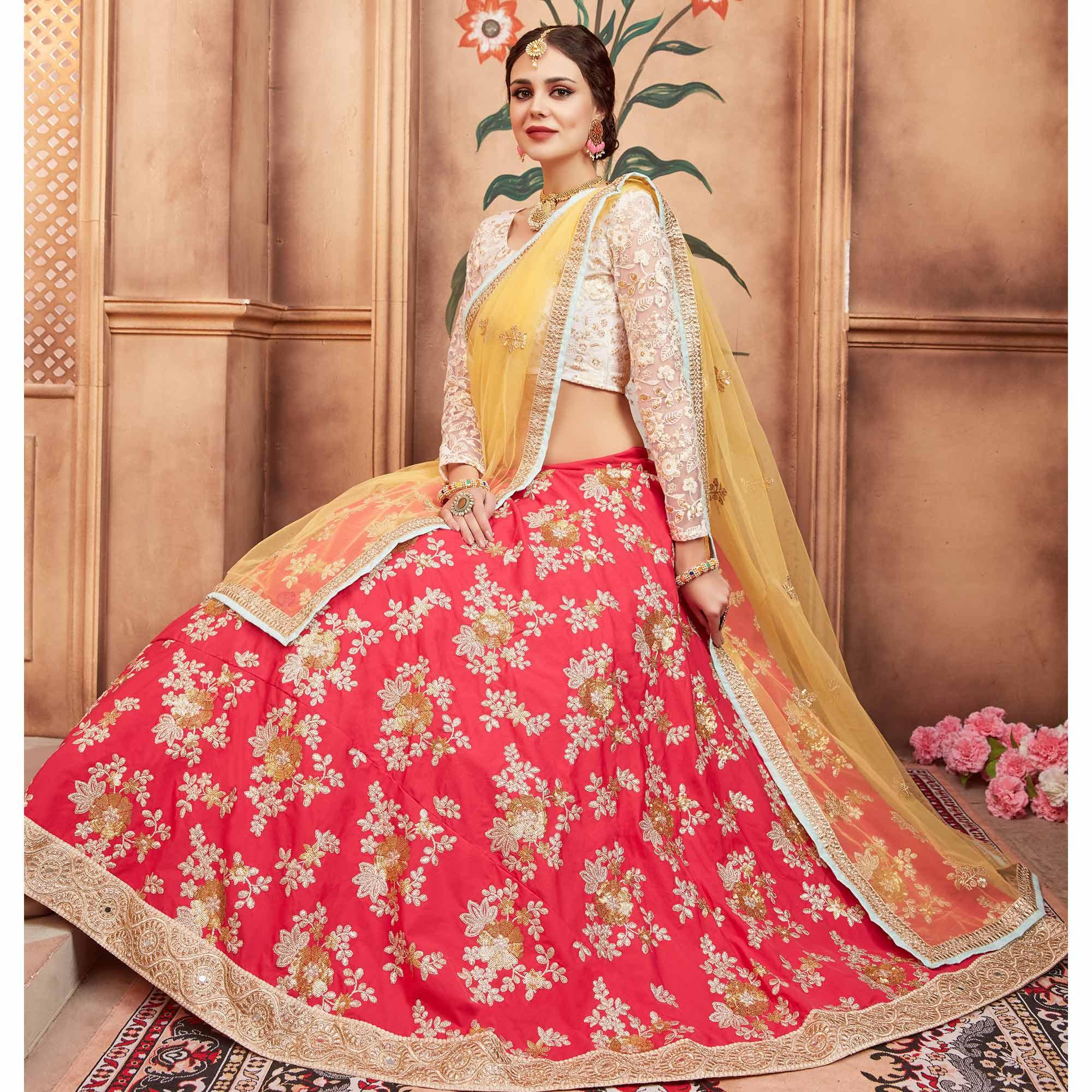 Pink Festive Wear Thread Sequence Zari Work Tafetta Silk Lehenga Choli - Peachmode