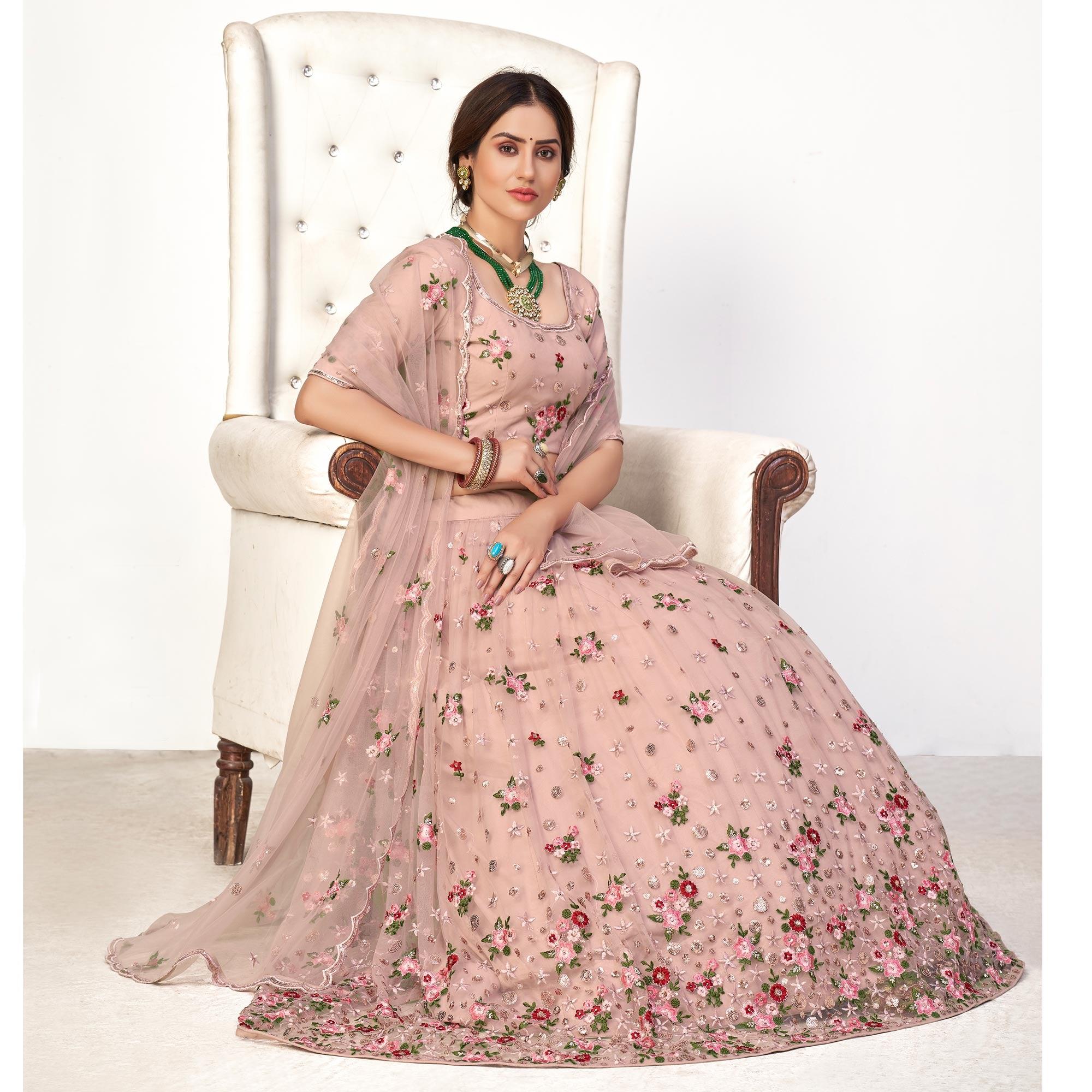 Pink Festive Wear Thread With Floral Sequence Embroidered Net Lehenga Choli - Peachmode