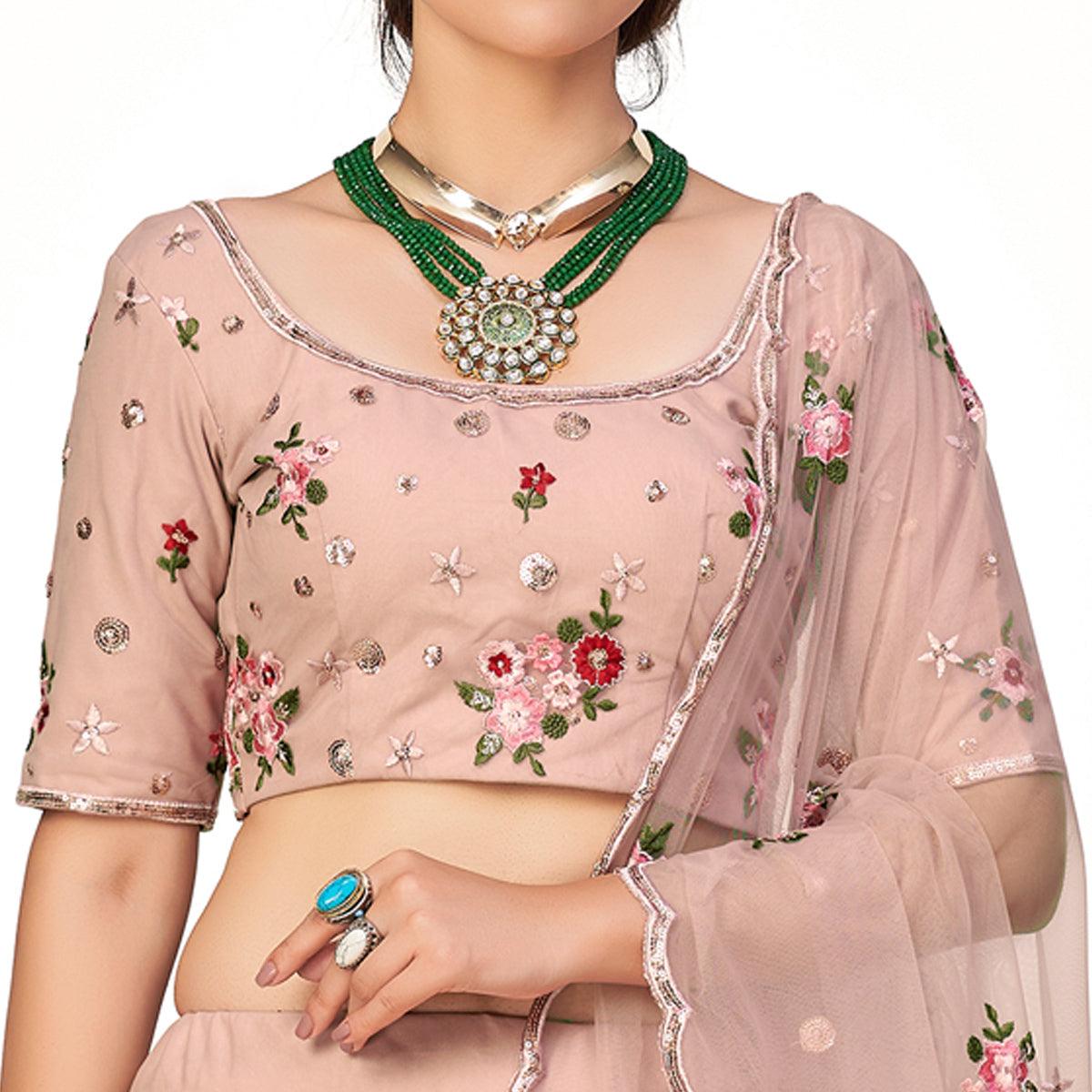 Pink Festive Wear Thread With Floral Sequence Embroidered Net Lehenga Choli - Peachmode