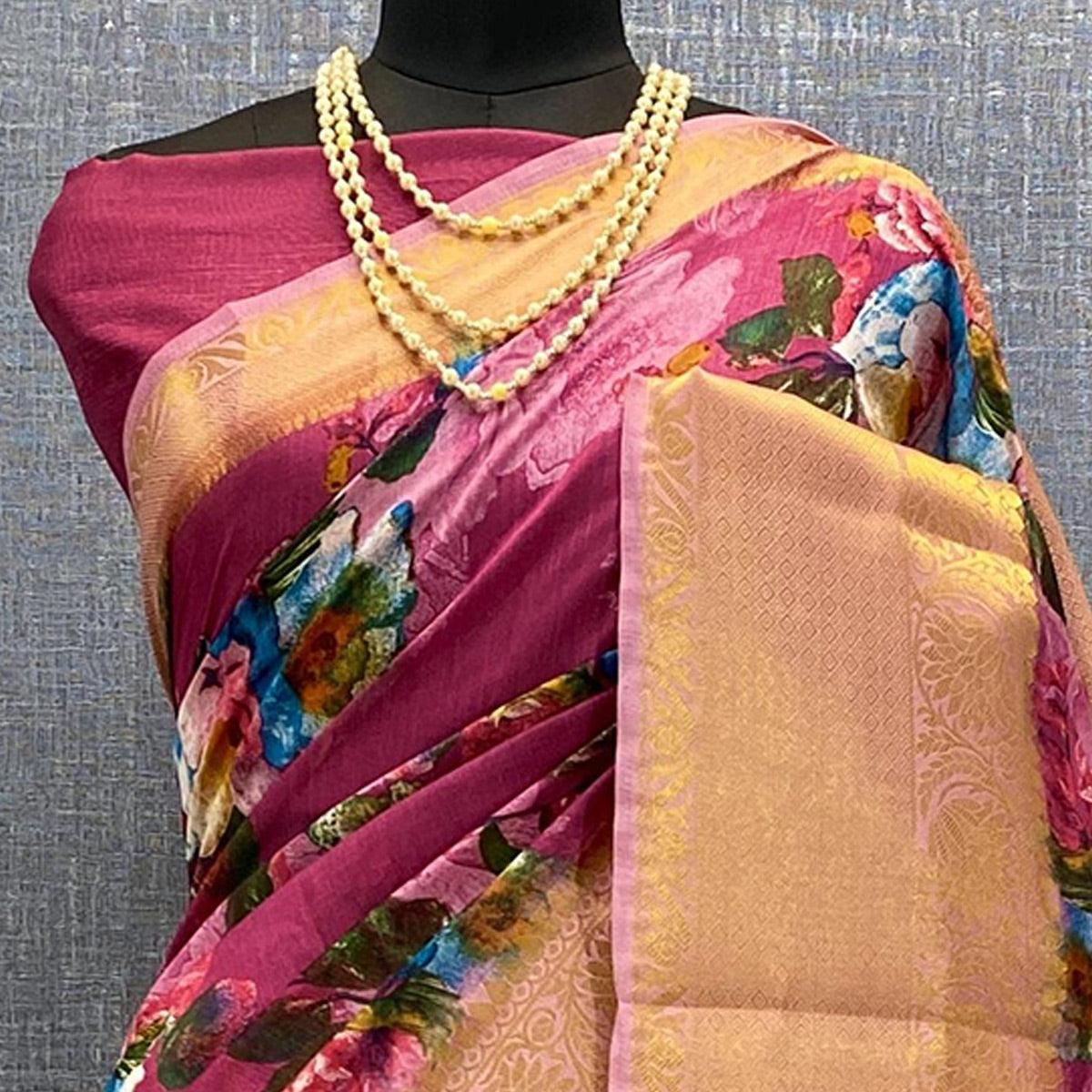 Pink Festive Wear Woven & Printed Chanderi Silk Saree - Peachmode