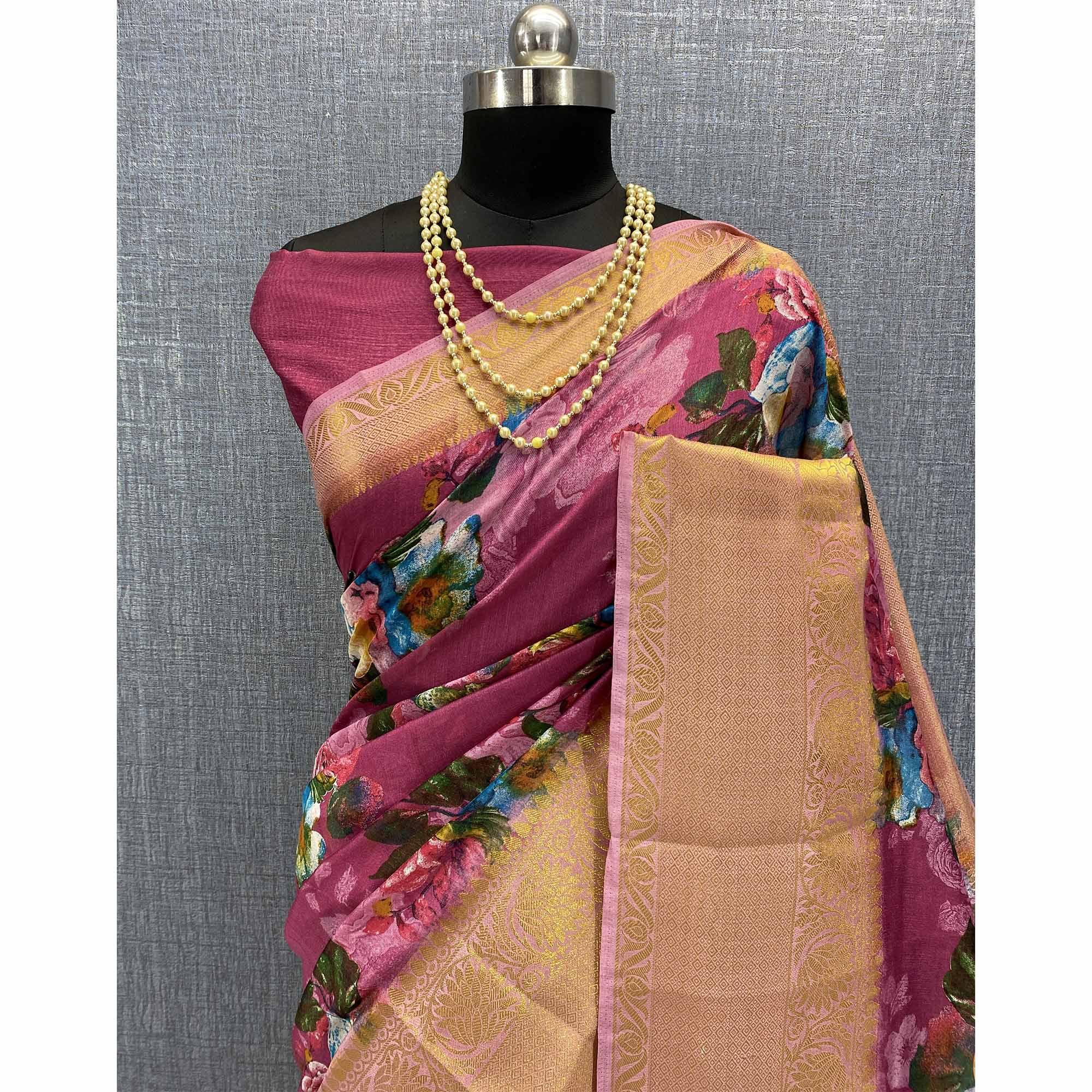 Pink Festive Wear Woven & Printed Chanderi Silk Saree - Peachmode