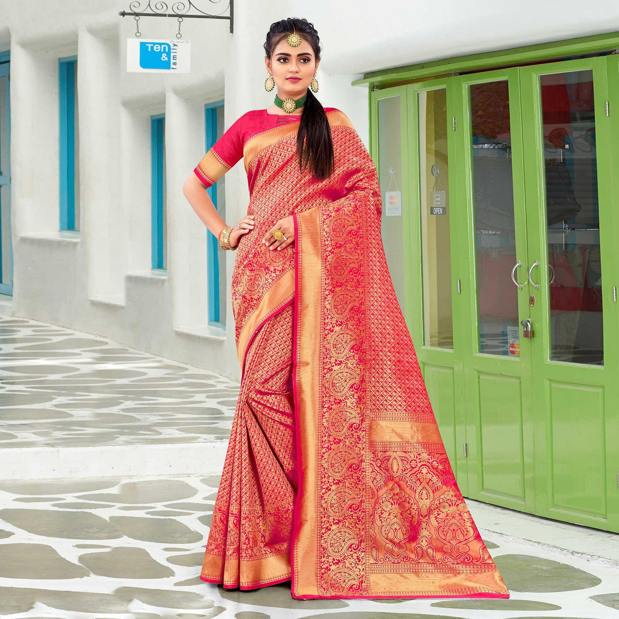 Pink Festive Wear Woven Art Silk Saree - Peachmode