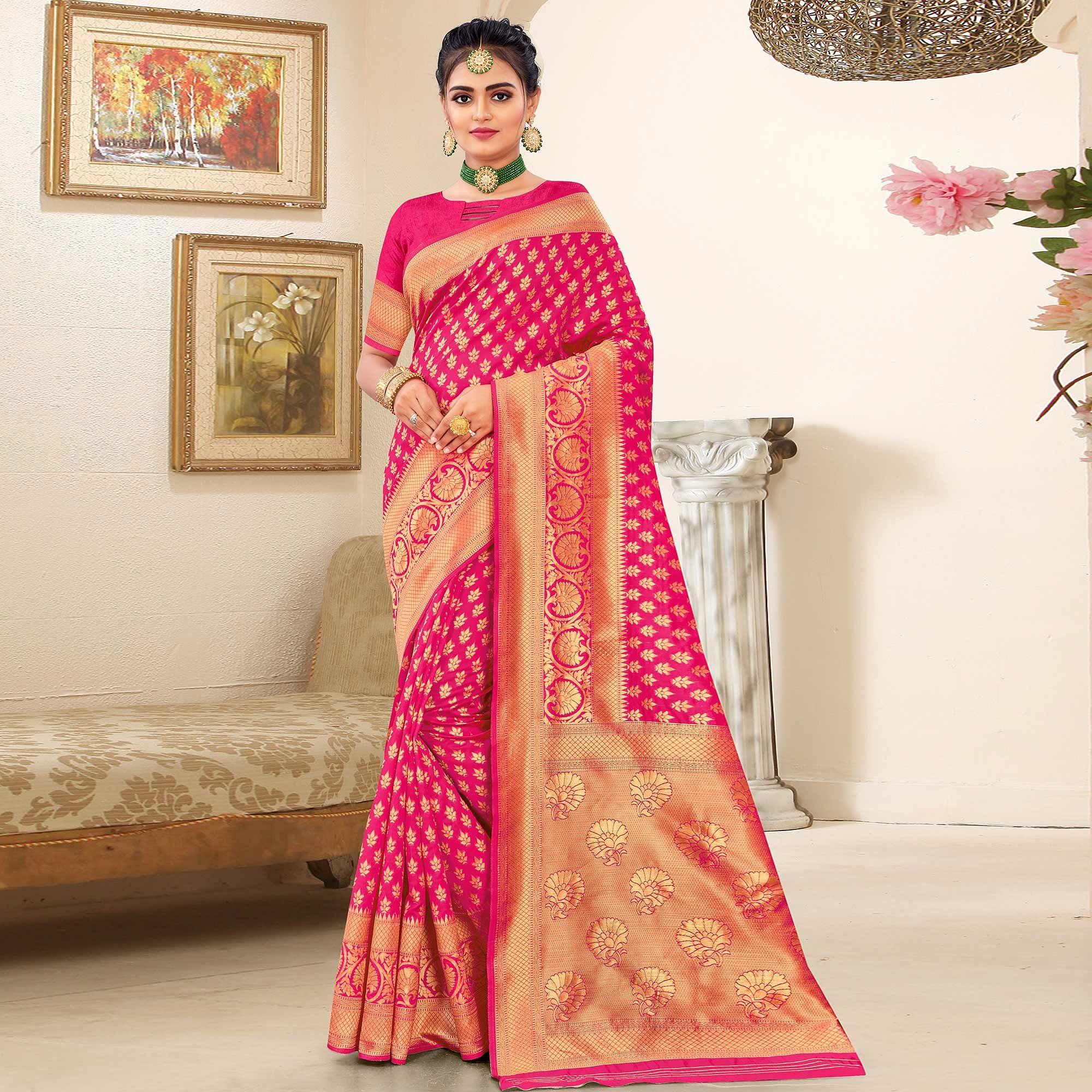 Pink Festive Wear Woven Art Silk Saree - Peachmode