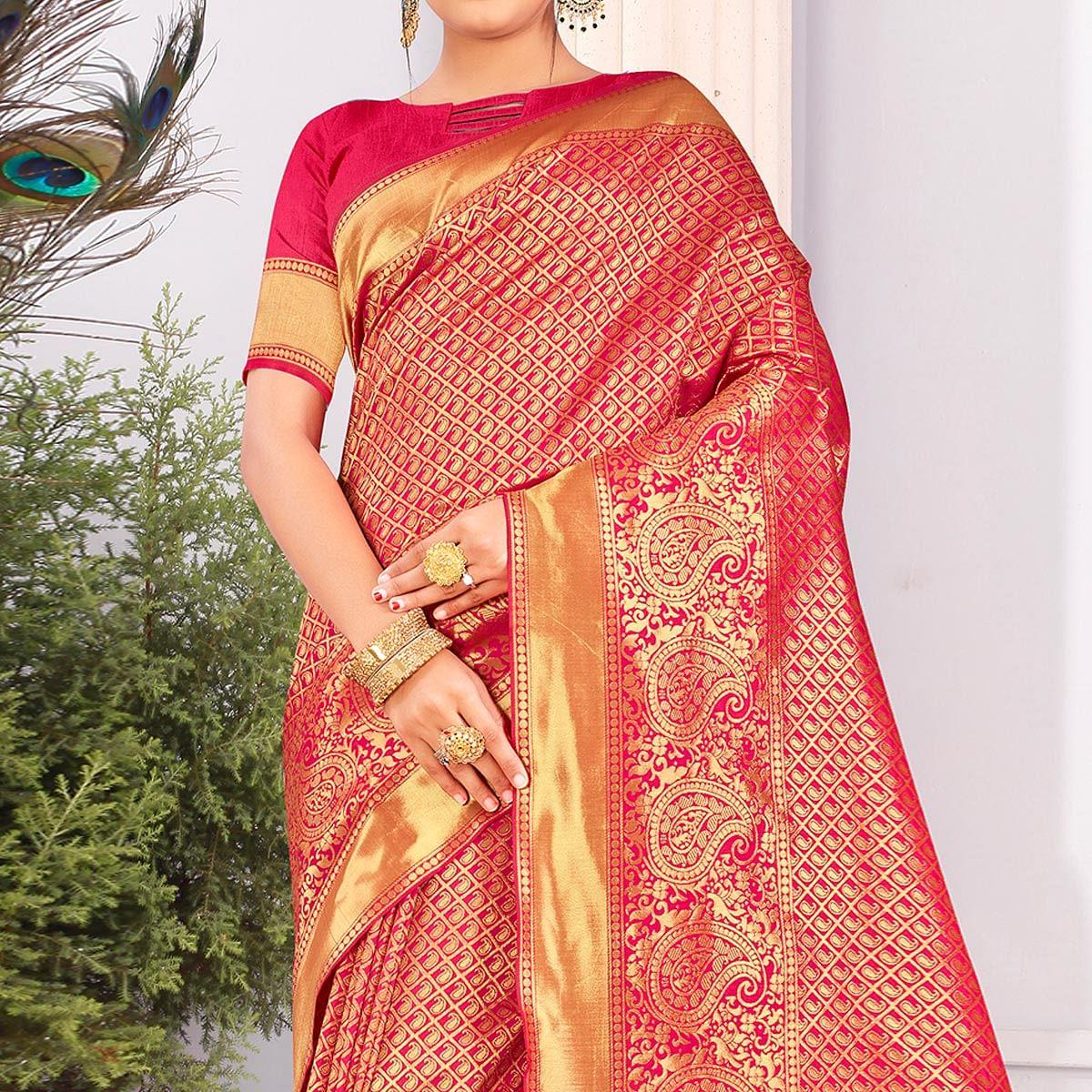Pink Festive Wear Woven Art Silk Saree - Peachmode
