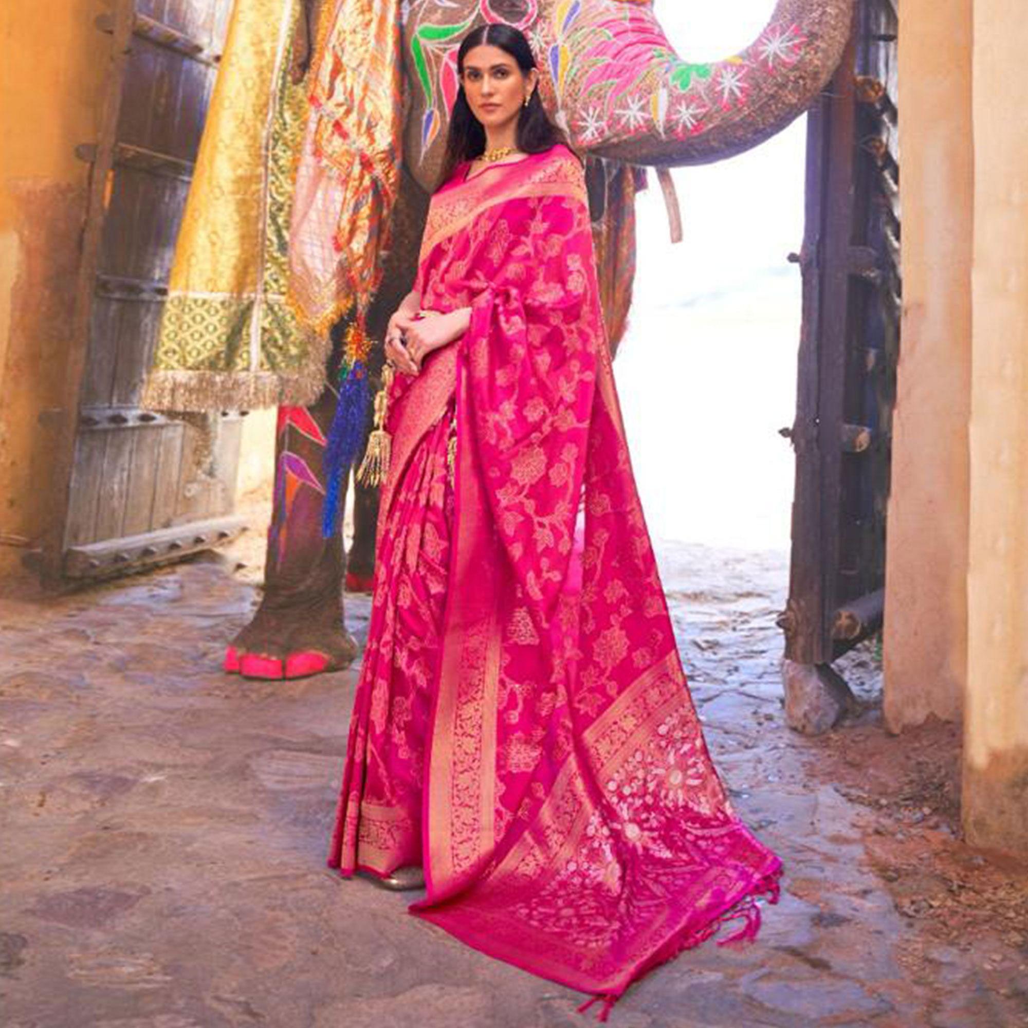 Pink Festive Wear Woven Art Silk Saree With Tassels - Peachmode