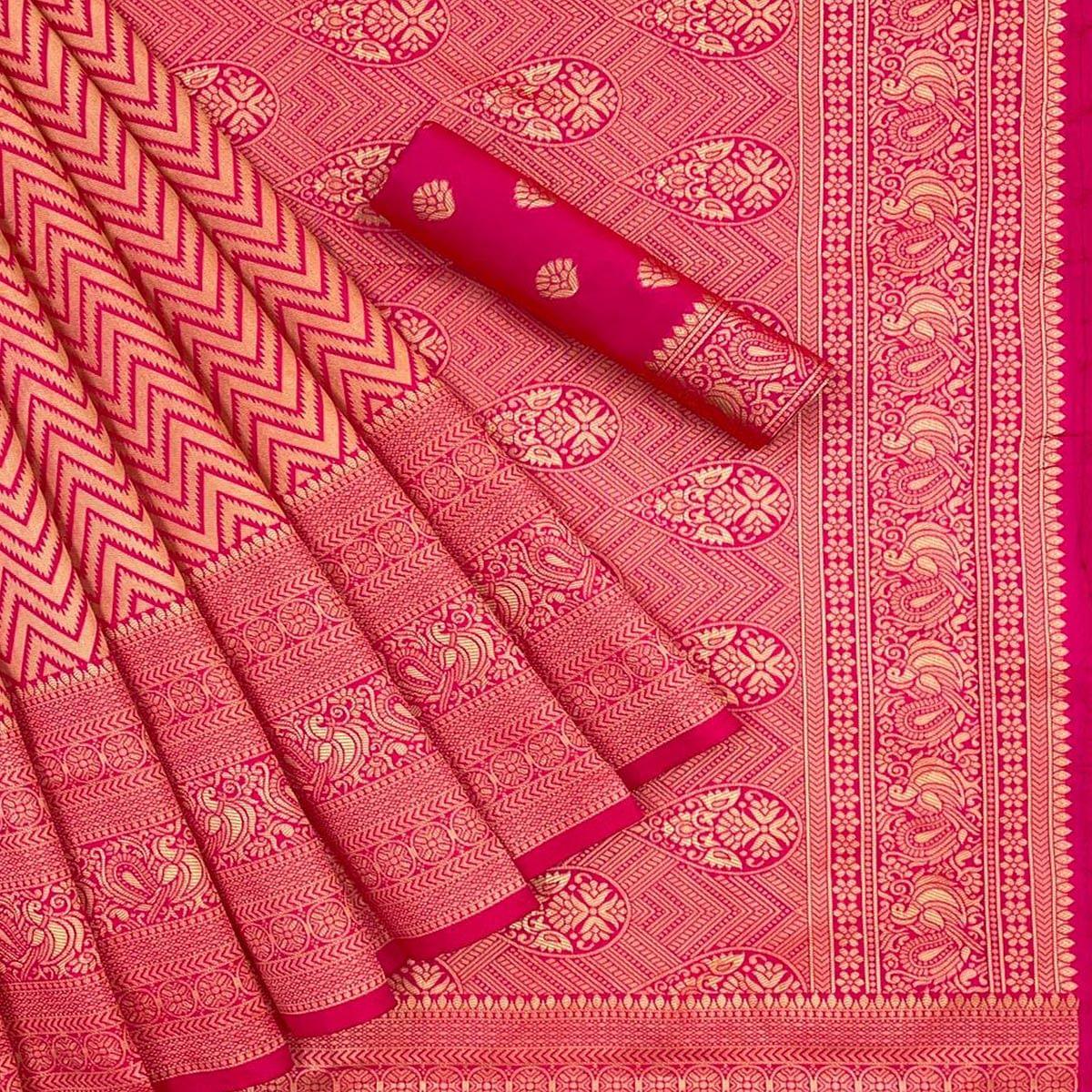 Pink Festive Wear Woven Art Silk Saree With Tassels - Peachmode