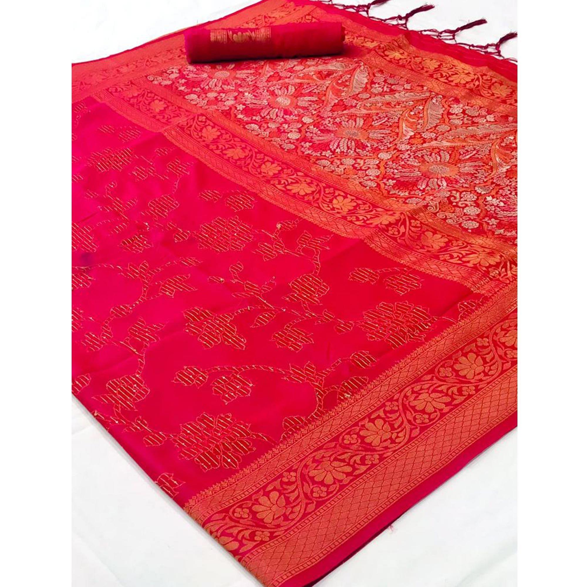 Pink Festive Wear Woven Art Silk Saree With Tassels - Peachmode