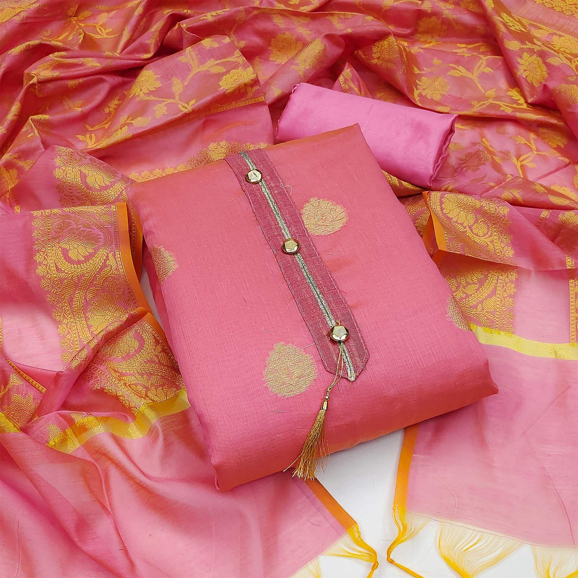 Pink Festive Wear Woven Banarasi Jacquard Dress Material - Peachmode