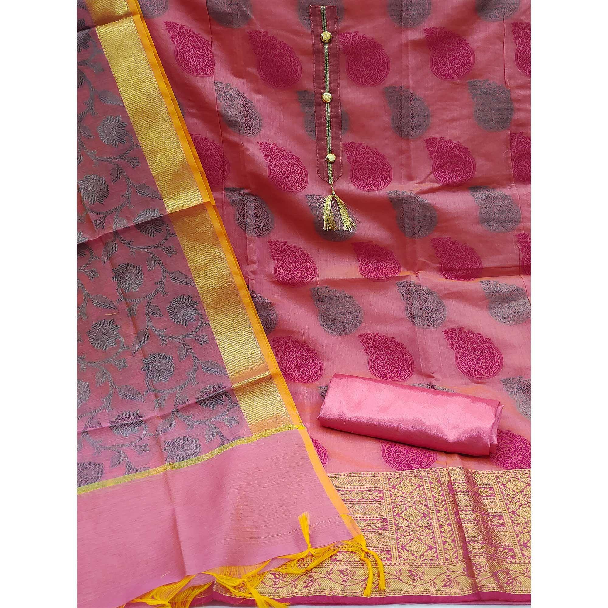 Pink Festive Wear Woven Banarasi Jacquard Dress Material - Peachmode