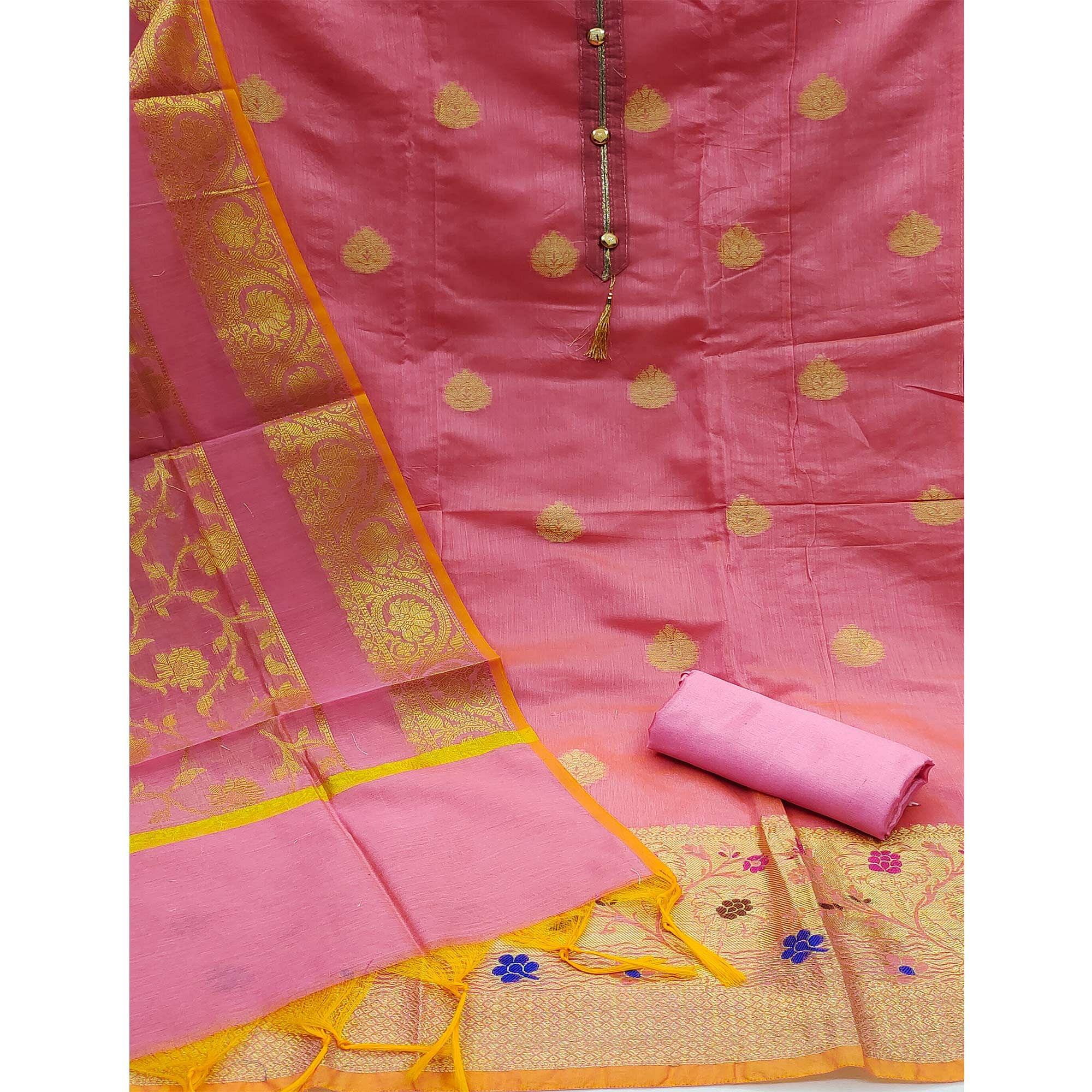 Pink Festive Wear Woven Banarasi Jacquard Dress Material - Peachmode