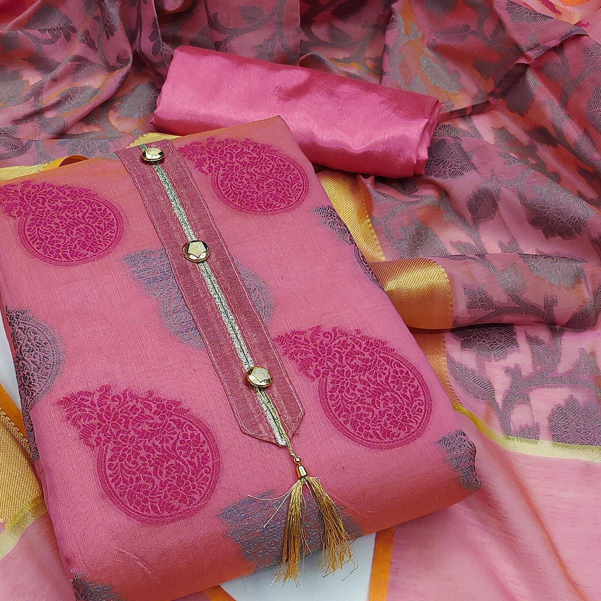 Pink Festive Wear Woven Banarasi Jacquard Dress Material - Peachmode