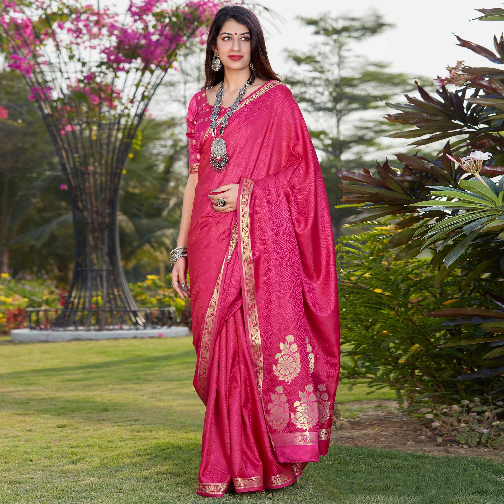 Pink Festive Wear Woven Banarasi Satin Saree - Peachmode
