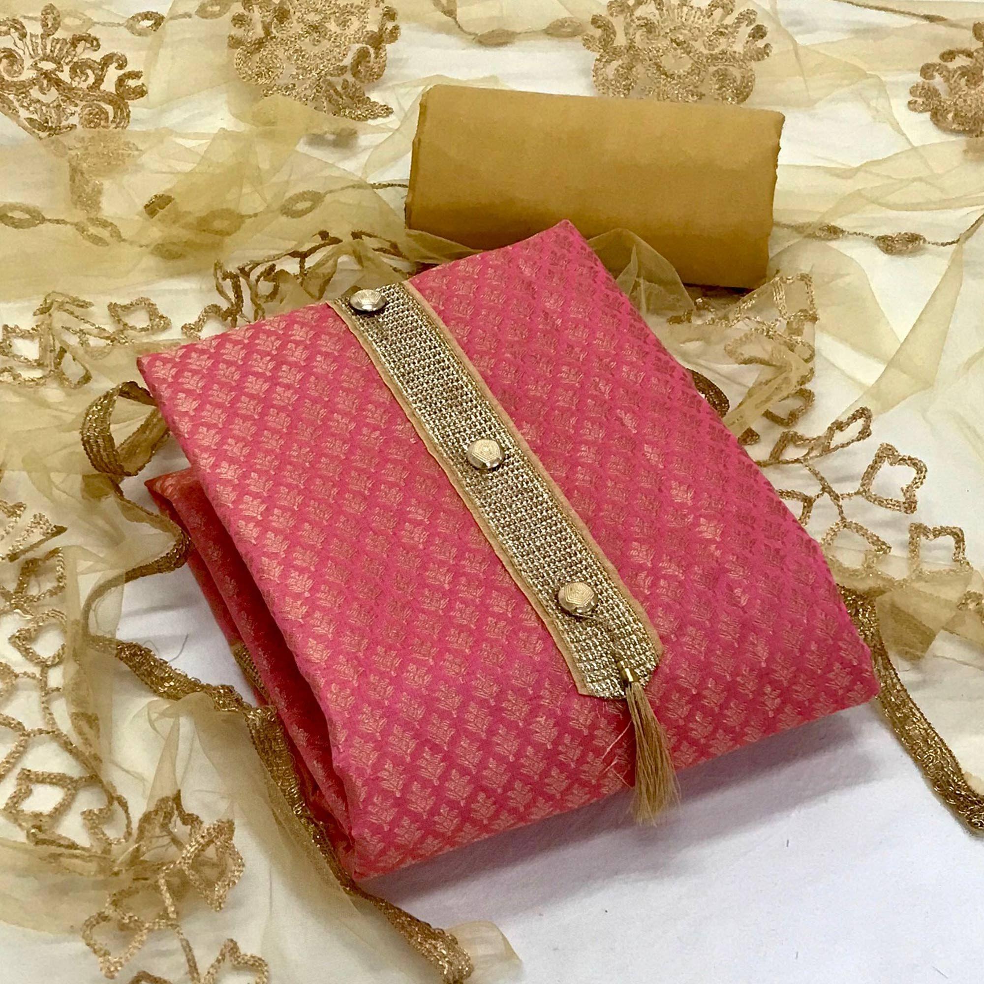 Pink Festive Wear Woven Banarasi Silk Dress Material - Peachmode