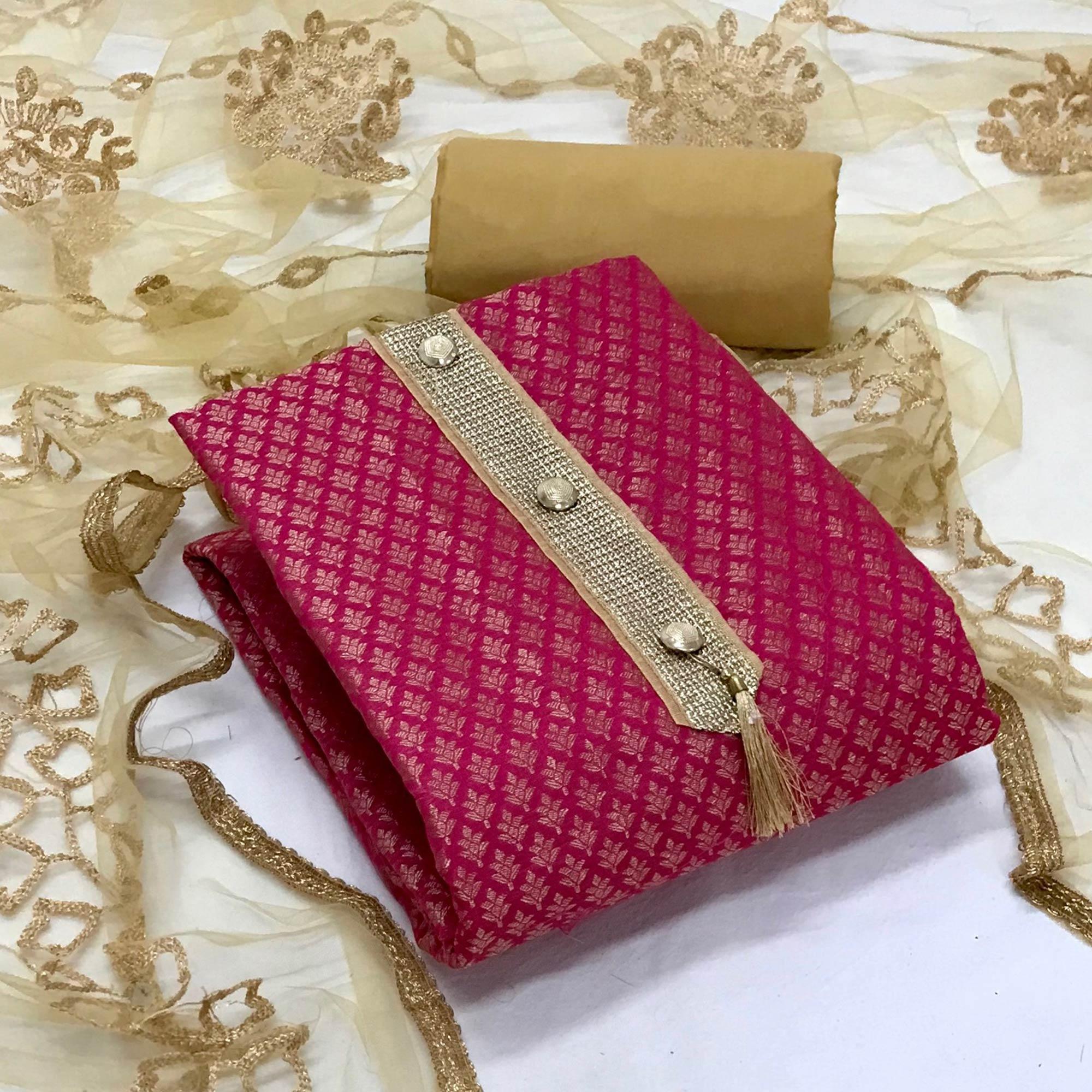 Pink Festive Wear Woven Banarasi Silk Dress Material - Peachmode