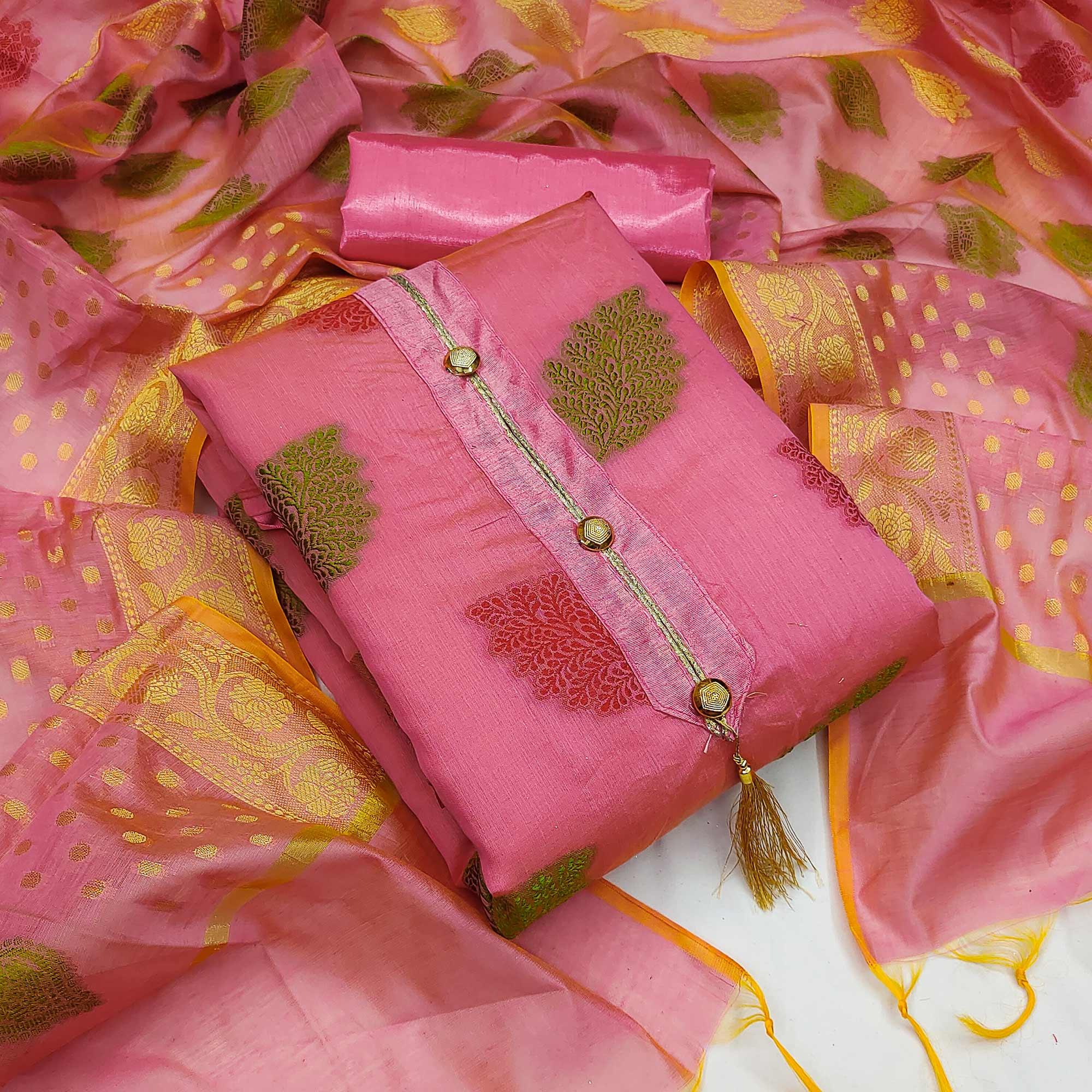 Pink Festive Wear Woven Banarasi Silk Dress Material - Peachmode