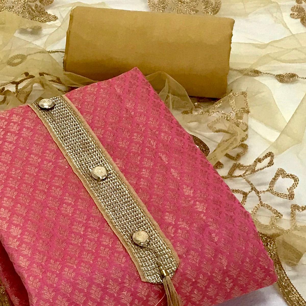 Pink Festive Wear Woven Banarasi Silk Dress Material - Peachmode