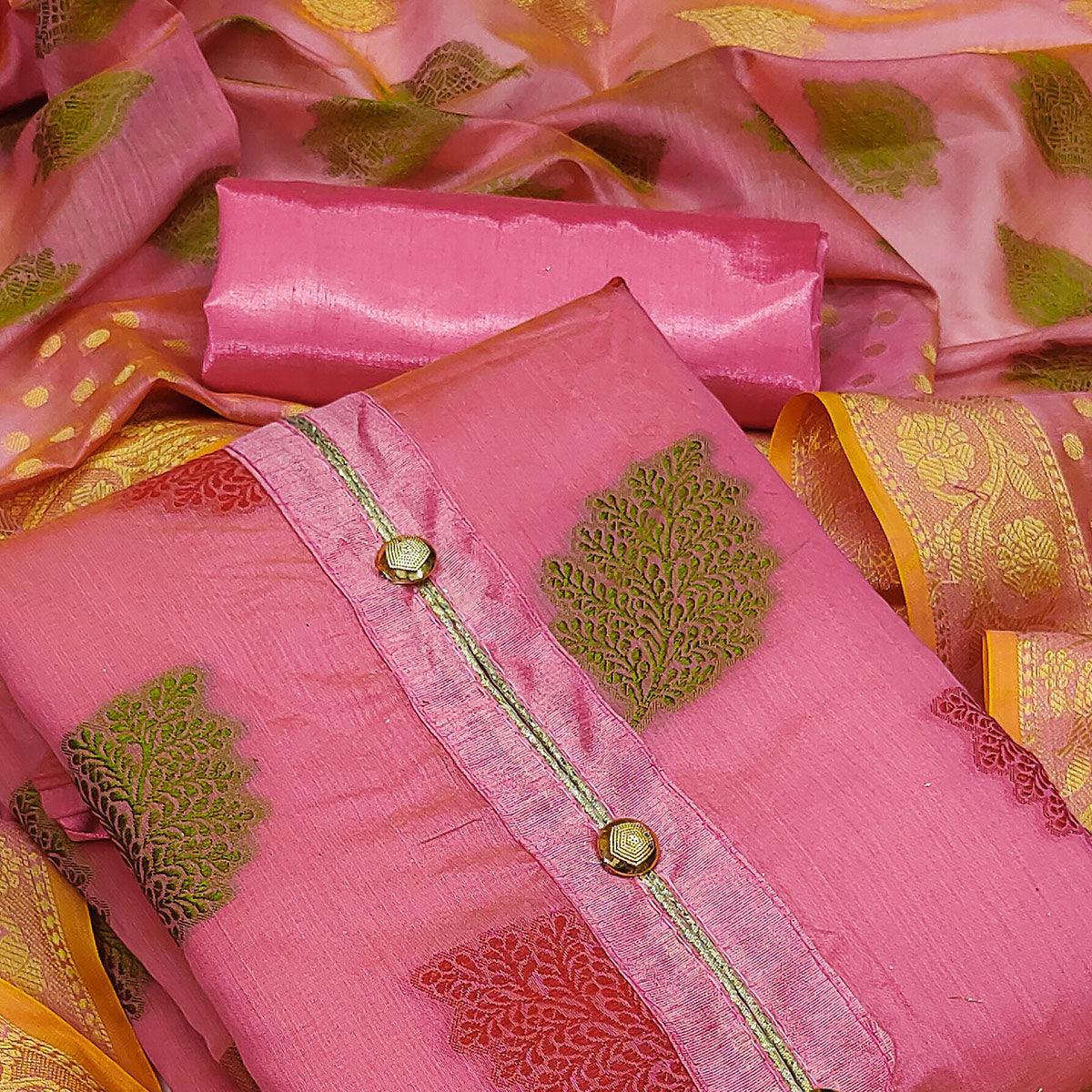 Pink Festive Wear Woven Banarasi Silk Dress Material - Peachmode