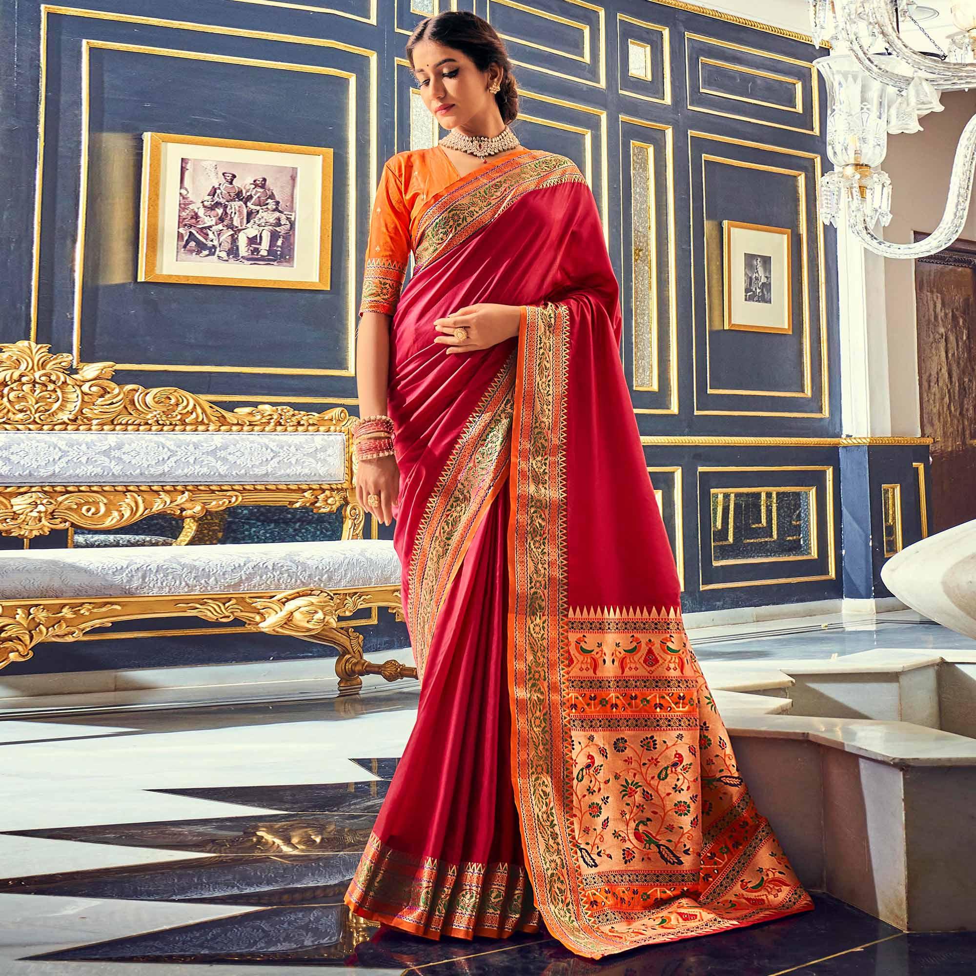 Pink Festive Wear Woven Banarasi Silk Paithani Saree - Peachmode