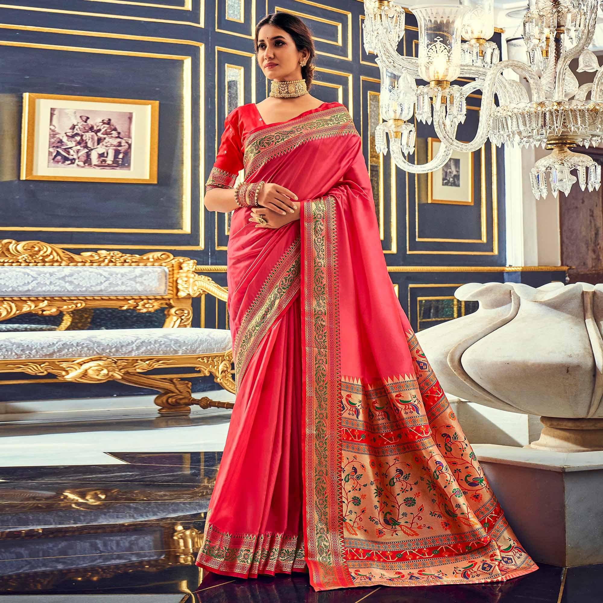 Pink Festive Wear Woven Banarasi Silk Paithani Saree - Peachmode