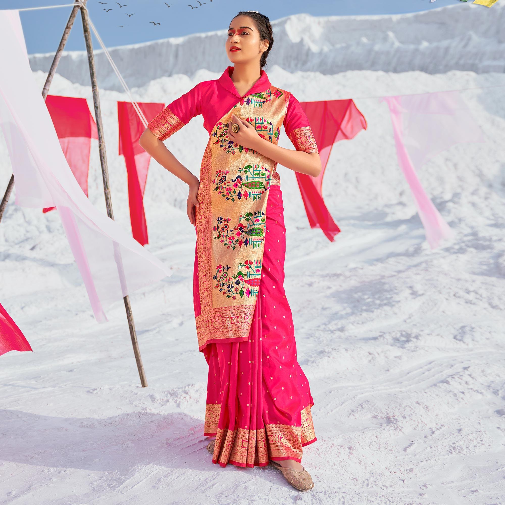 Pink Festive Wear Woven Banarasi Silk Paithani Saree - Peachmode