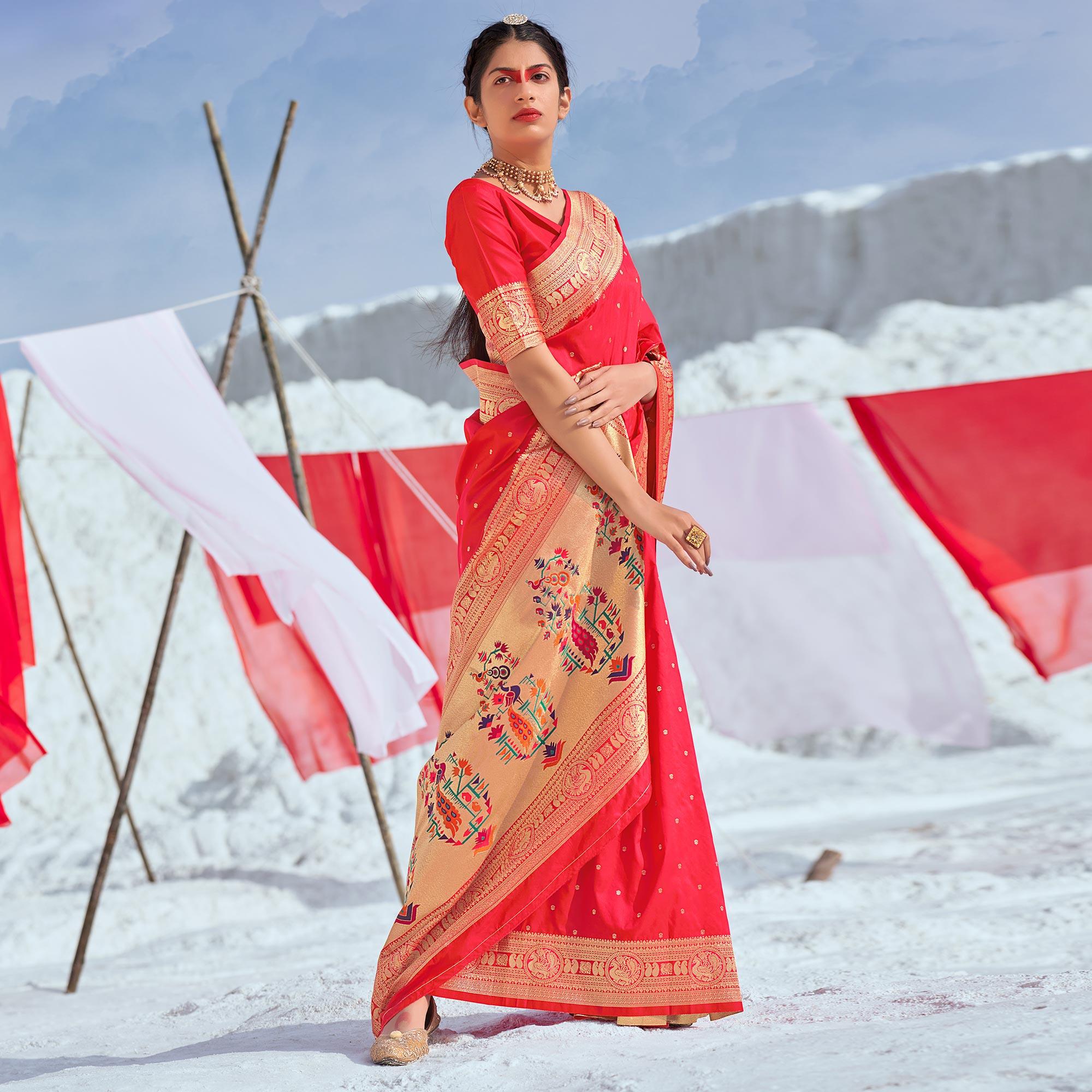 Pink Festive Wear Woven Banarasi Silk Paithani Saree - Peachmode