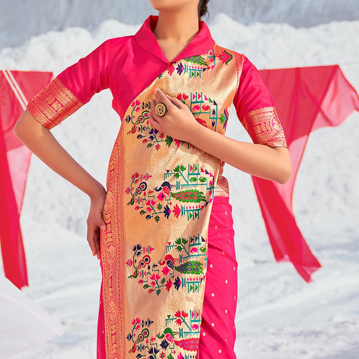 Pink Festive Wear Woven Banarasi Silk Paithani Saree - Peachmode