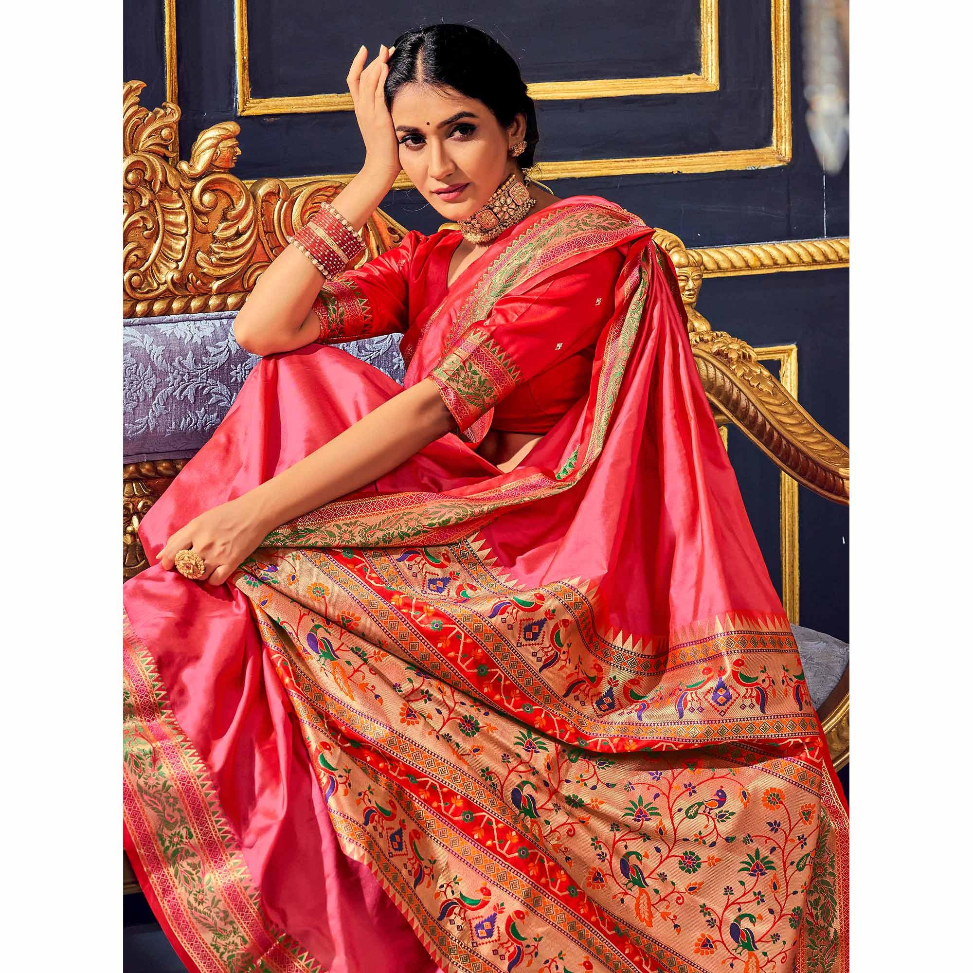 Pink Festive Wear Woven Banarasi Silk Paithani Saree - Peachmode