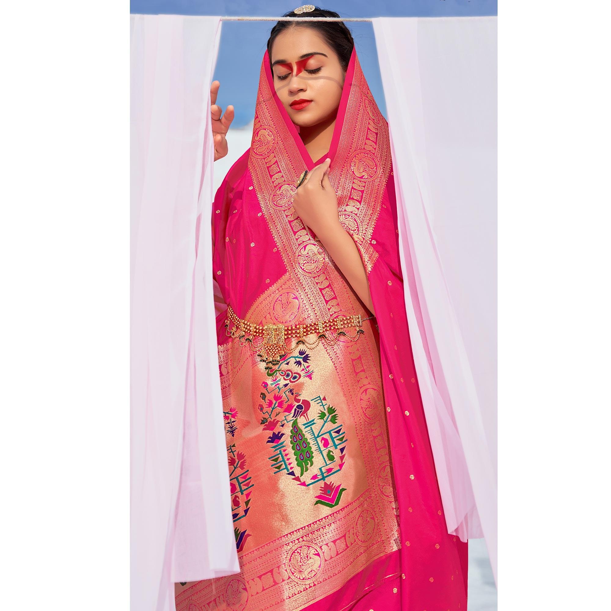 Pink Festive Wear Woven Banarasi Silk Paithani Saree - Peachmode
