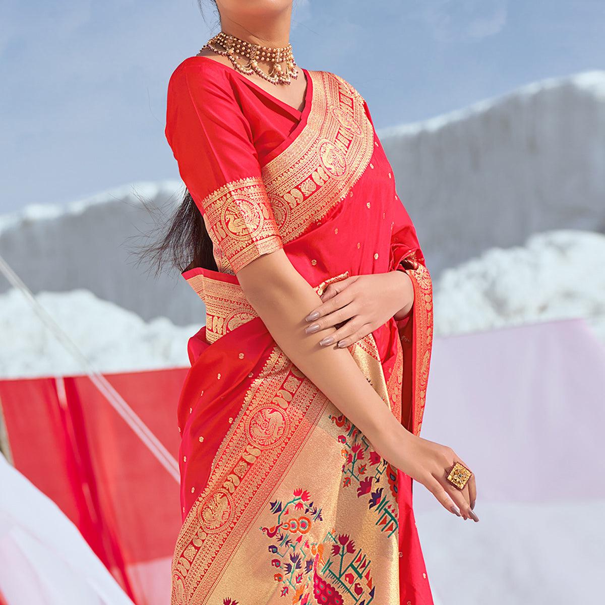Pink Festive Wear Woven Banarasi Silk Paithani Saree - Peachmode