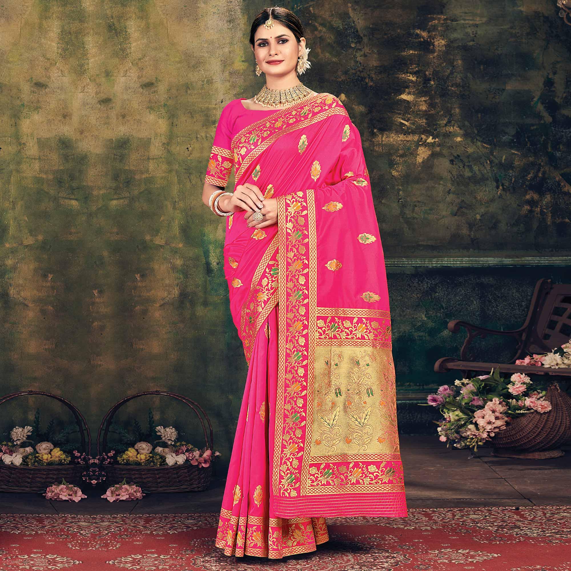 Pink Festive Wear Woven Banarasi Silk Saree - Peachmode