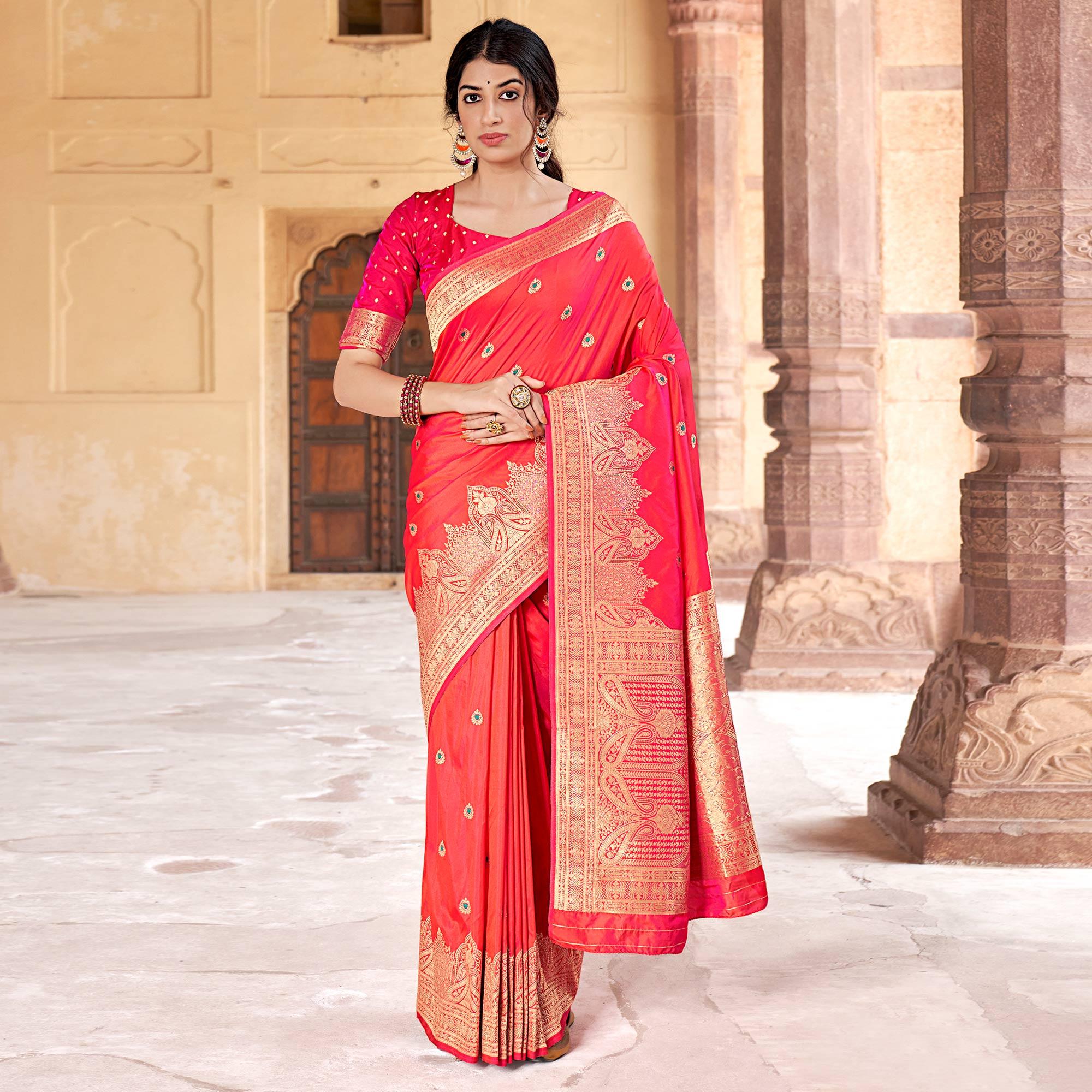 Pink Festive Wear Woven Banarasi Silk Saree - Peachmode
