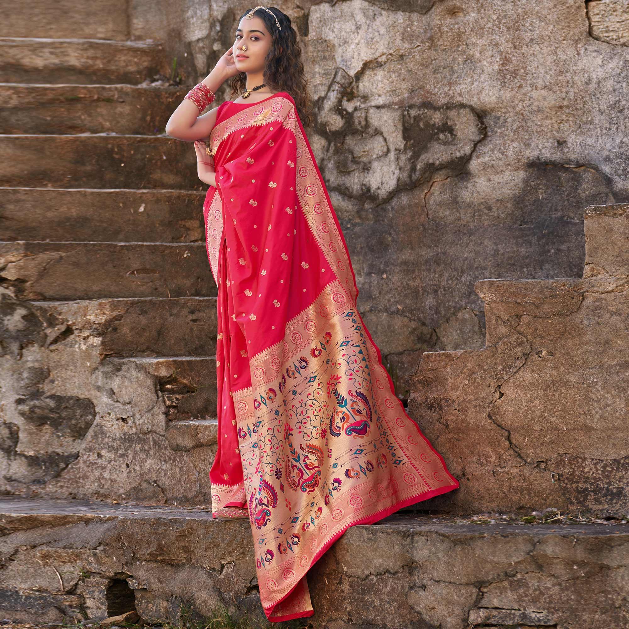 Pink Festive Wear Woven Banarasi Silk Saree - Peachmode
