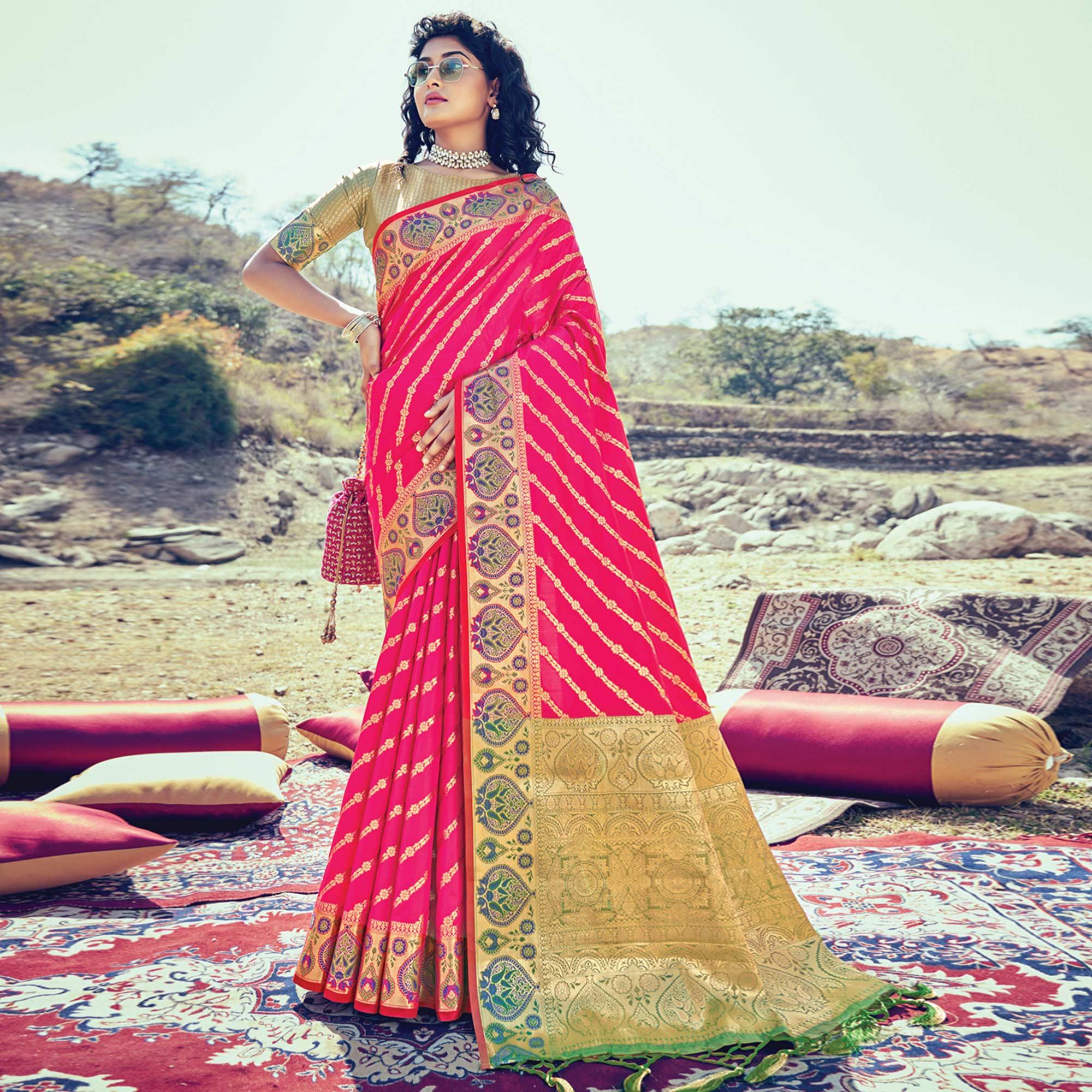 Pink Festive Wear Woven Banarasi Silk Saree - Peachmode