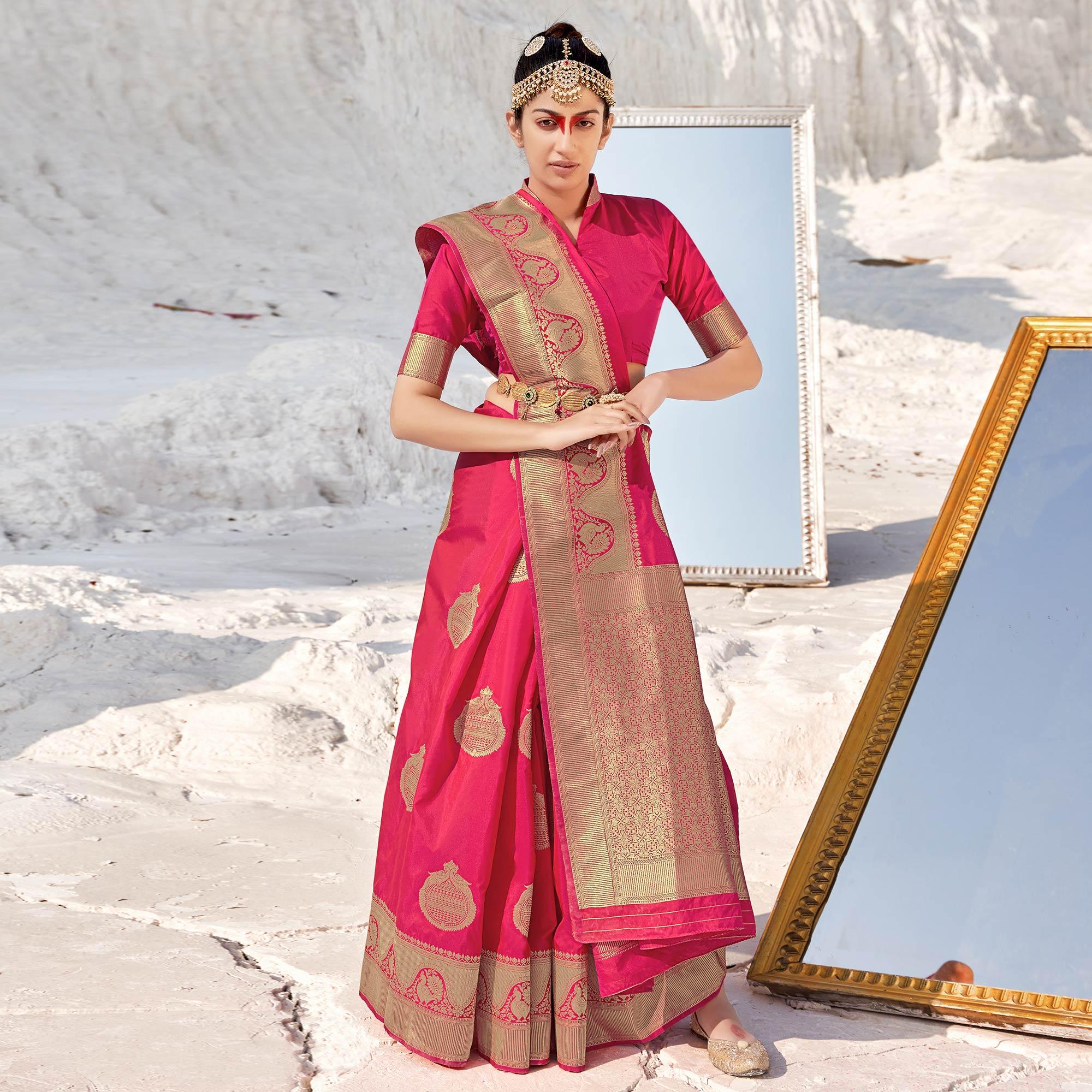 Pink Festive Wear Woven Banarasi Silk Saree - Peachmode