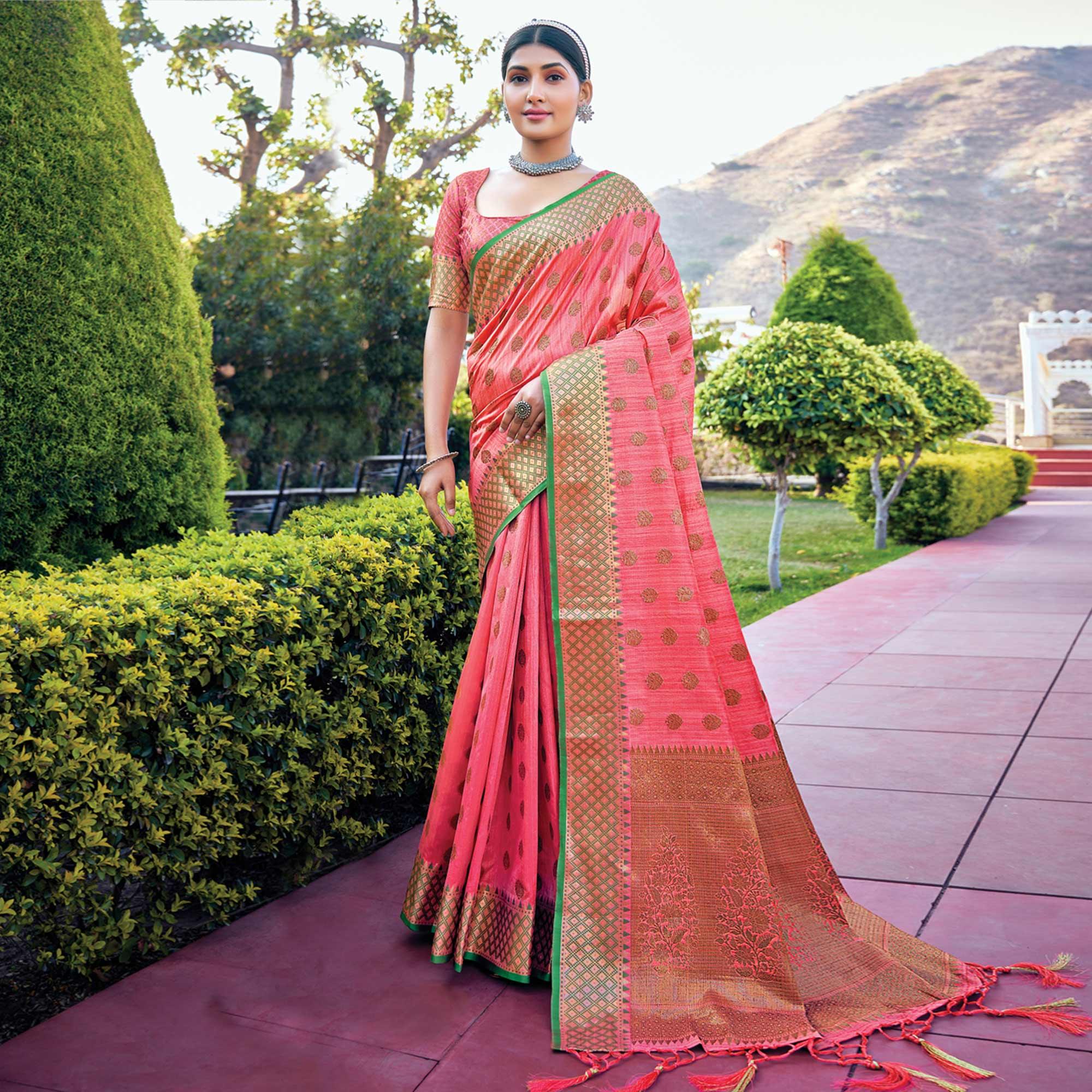 Pink Festive Wear Woven Banarasi Silk Saree - Peachmode